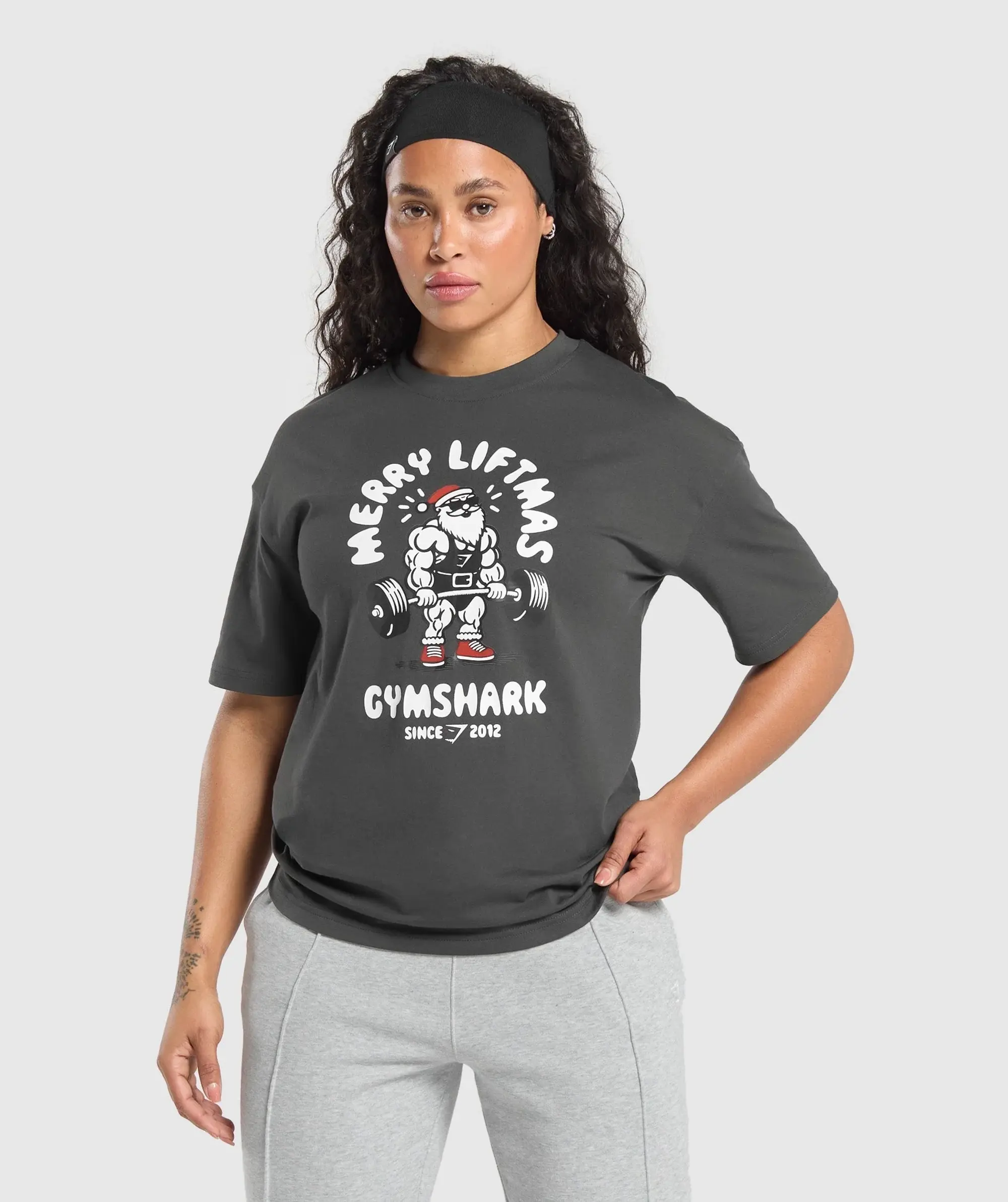 Gymshark Merry Liftmas Oversized T-Shirt - Asphalt Grey