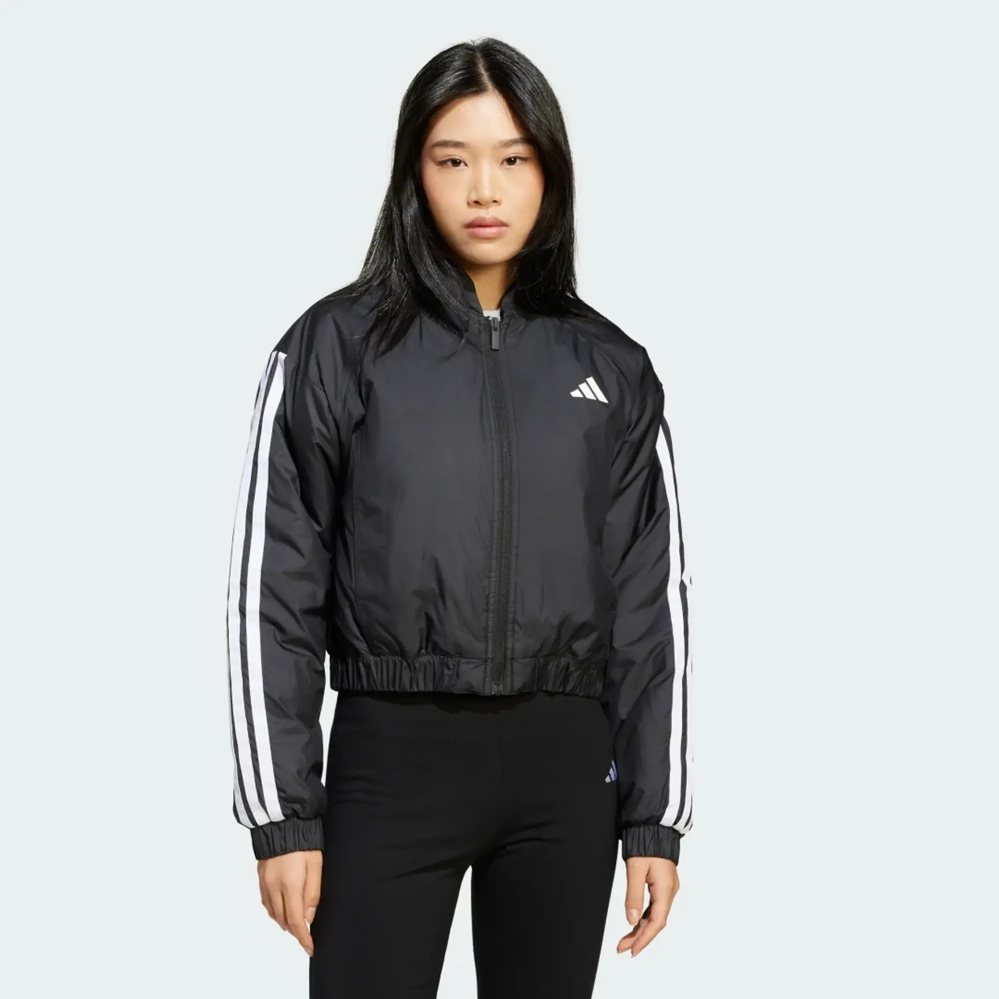 Adidas Essentials 3-Stripes Insulated Crop Bomber Jacket In Black