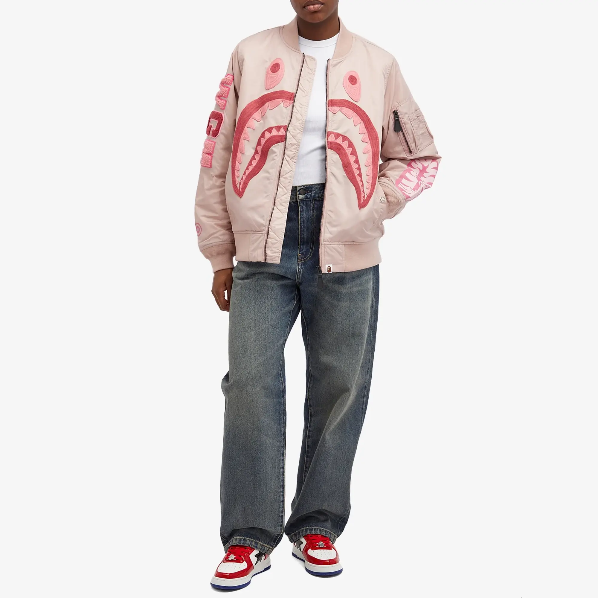 A Bathing Ape Women's Shark Nylon Ma-1 Bomber Jacket Pink