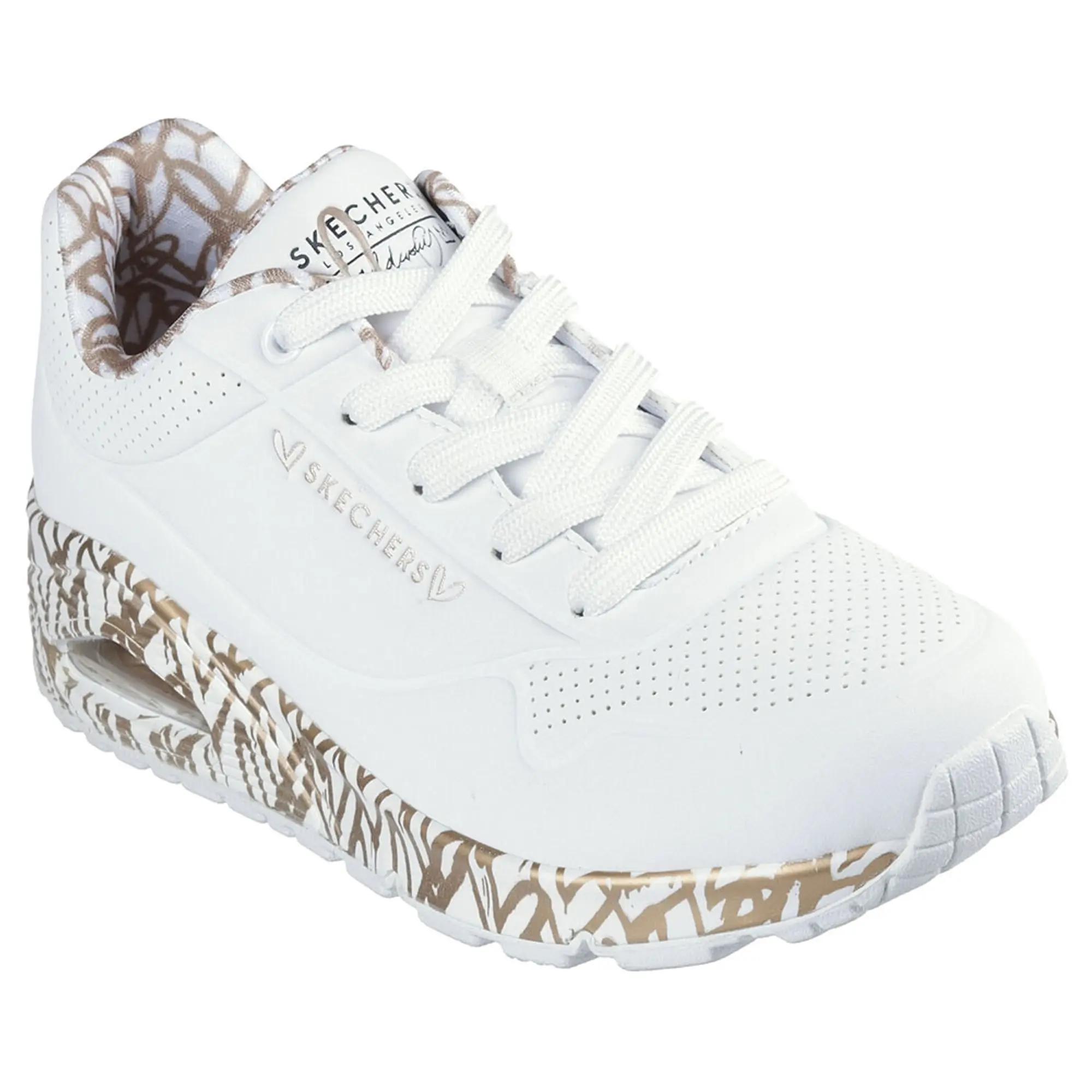 Skechers Women's x JGoldcrown: Uno - Loving Love Sneaker in White/Rose Gold