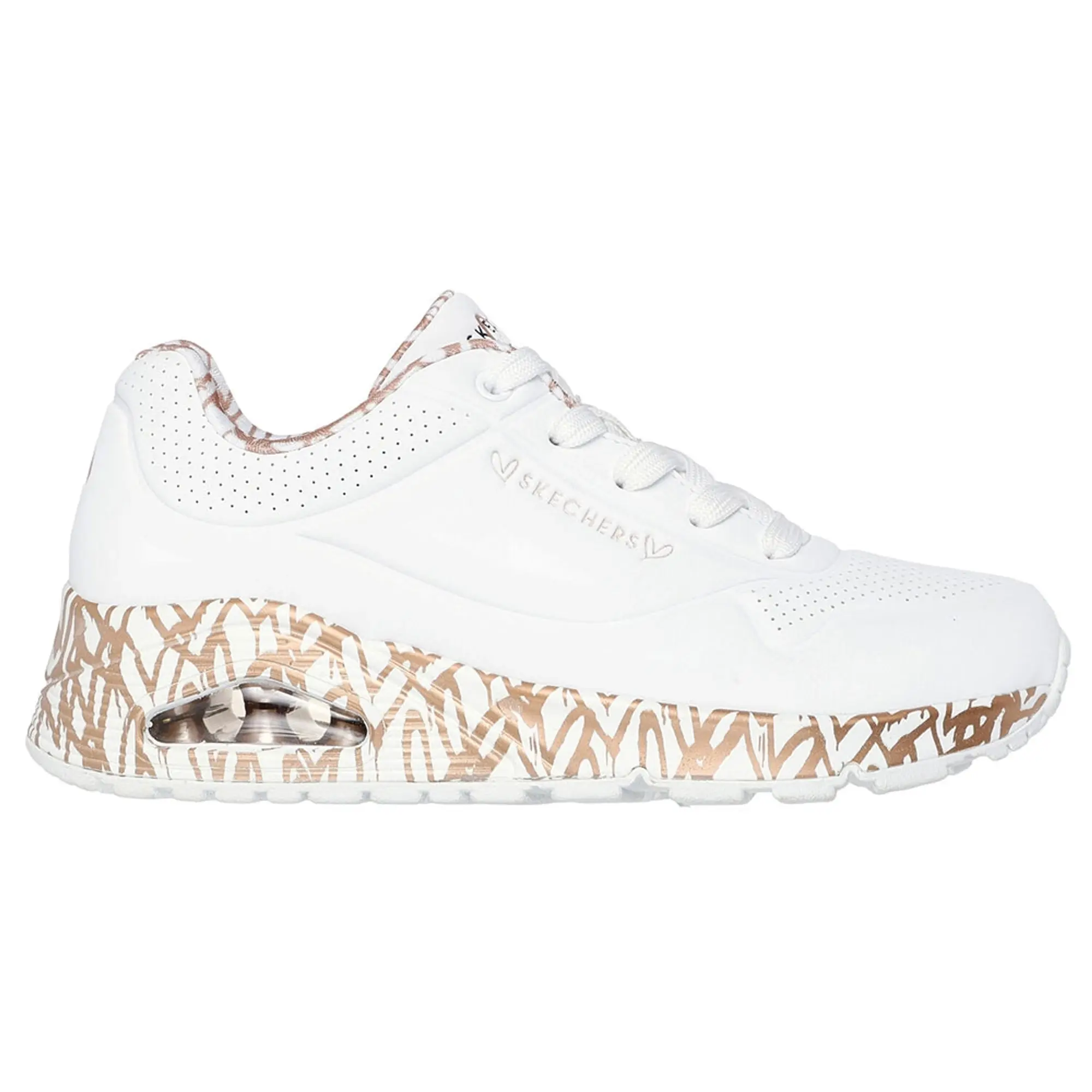 Skechers Women's x JGoldcrown: Uno - Loving Love Sneaker in White/Rose Gold