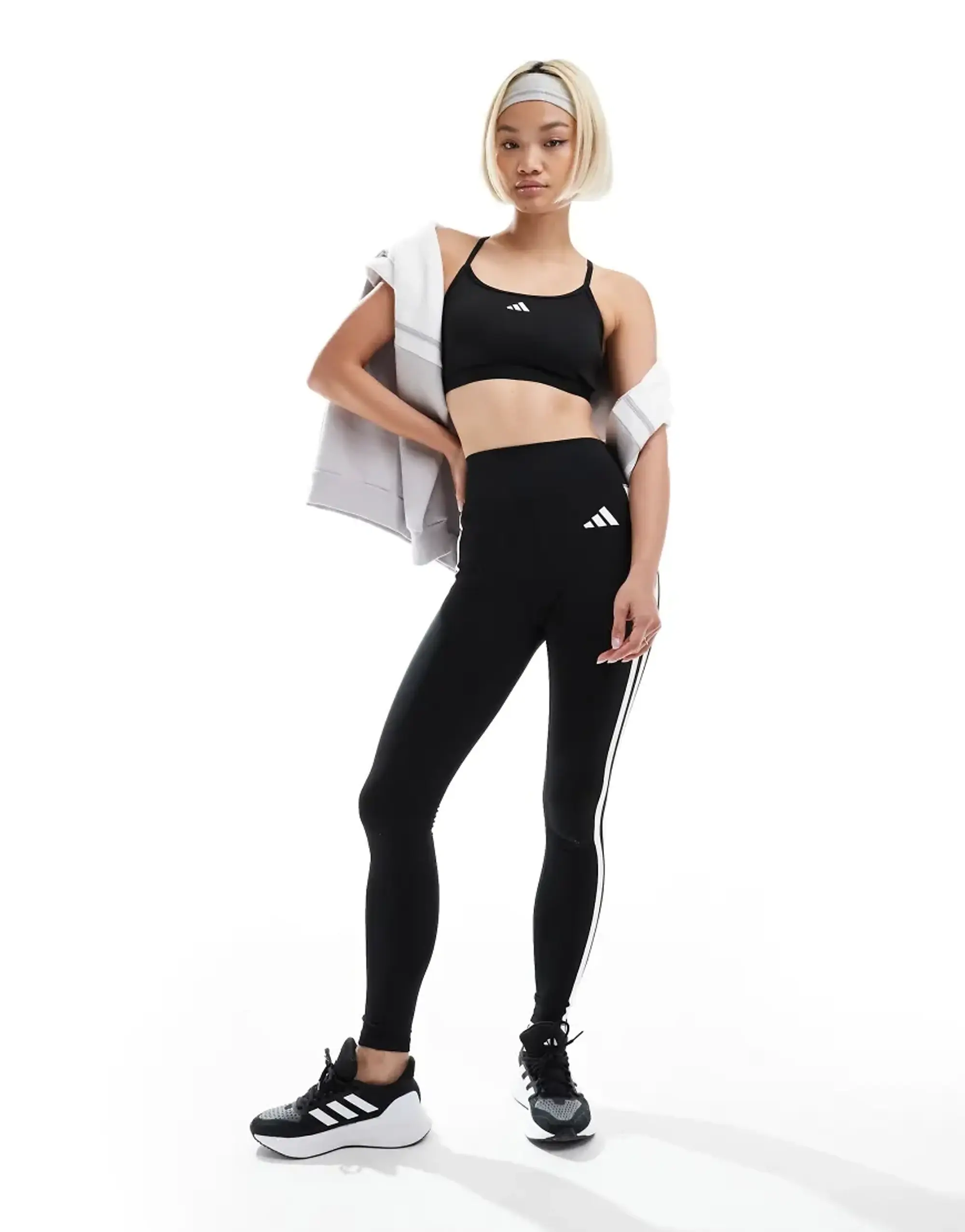 Adidas Training Essentials 3 Stripe Full Length Leggings In Black