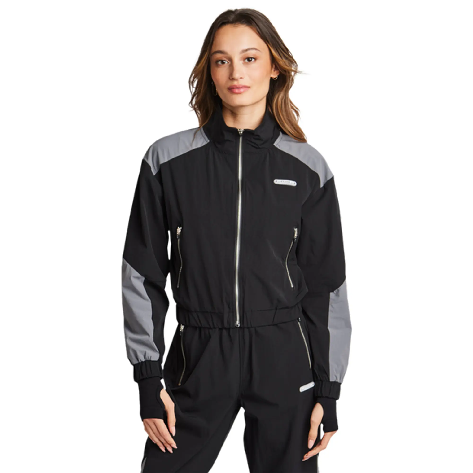 Peach Fit Material Mix Women Track Tops - Black