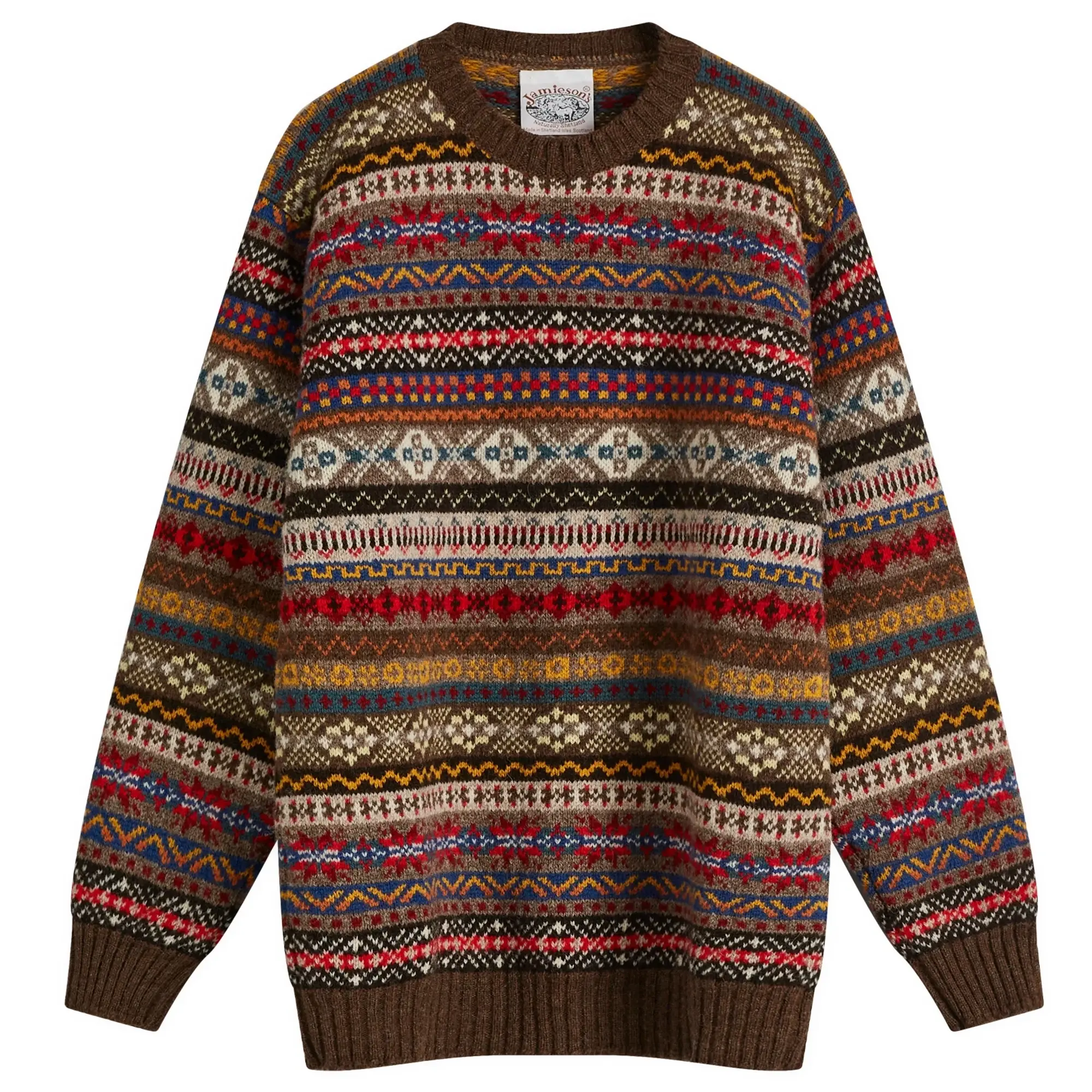 Jamieson's of Shetland Men's Fair Isle Crew Brown