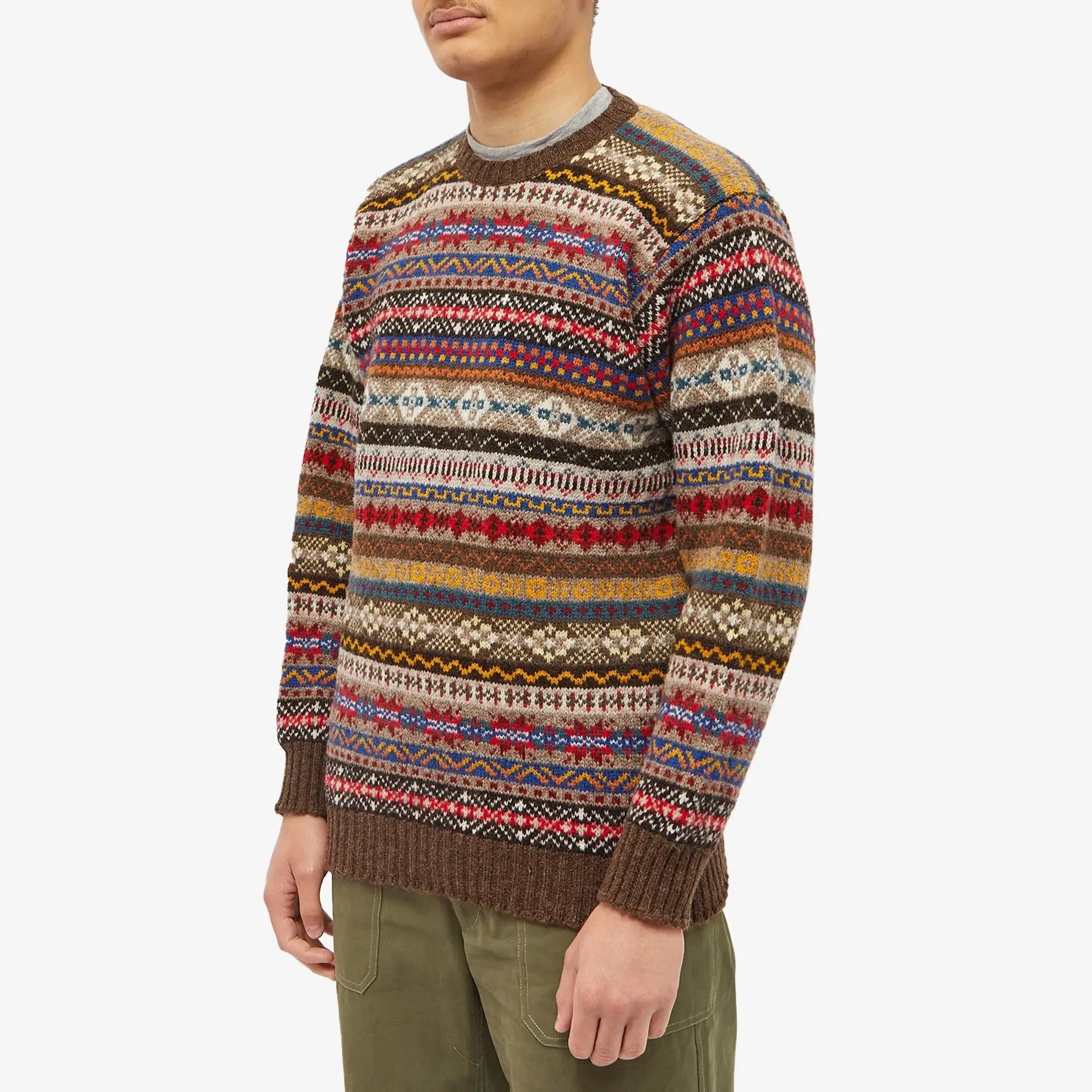 Jamieson's of Shetland Men's Fair Isle Crew Brown