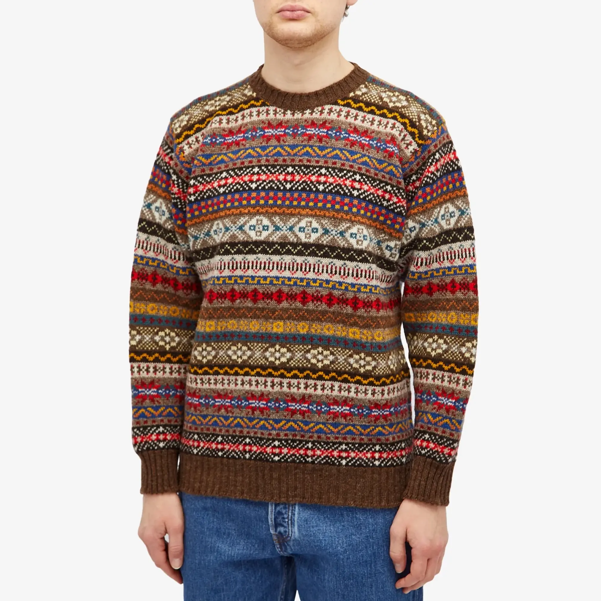 Jamieson's of Shetland Men's Fair Isle Crew Brown