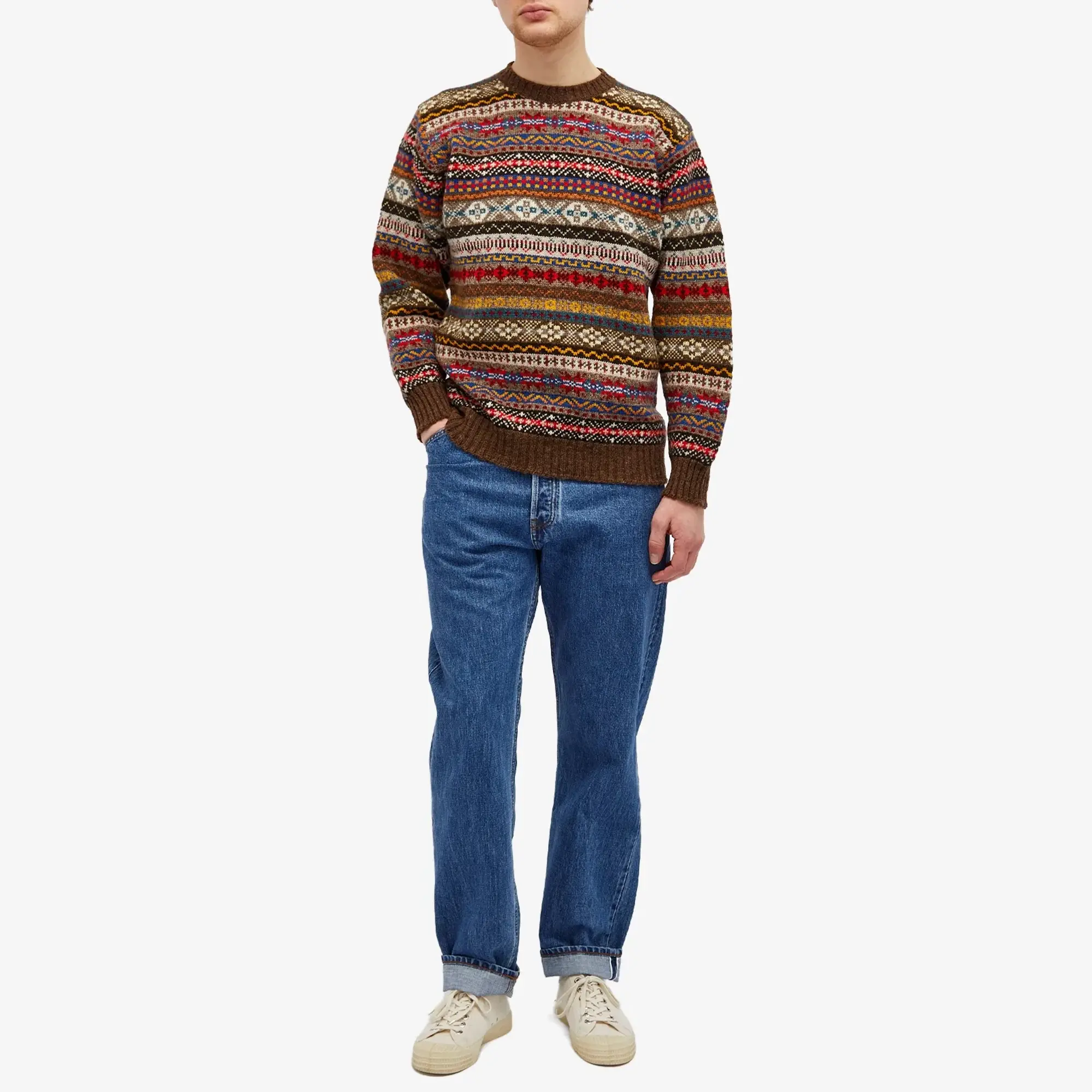 Jamieson's of Shetland Men's Fair Isle Crew Brown