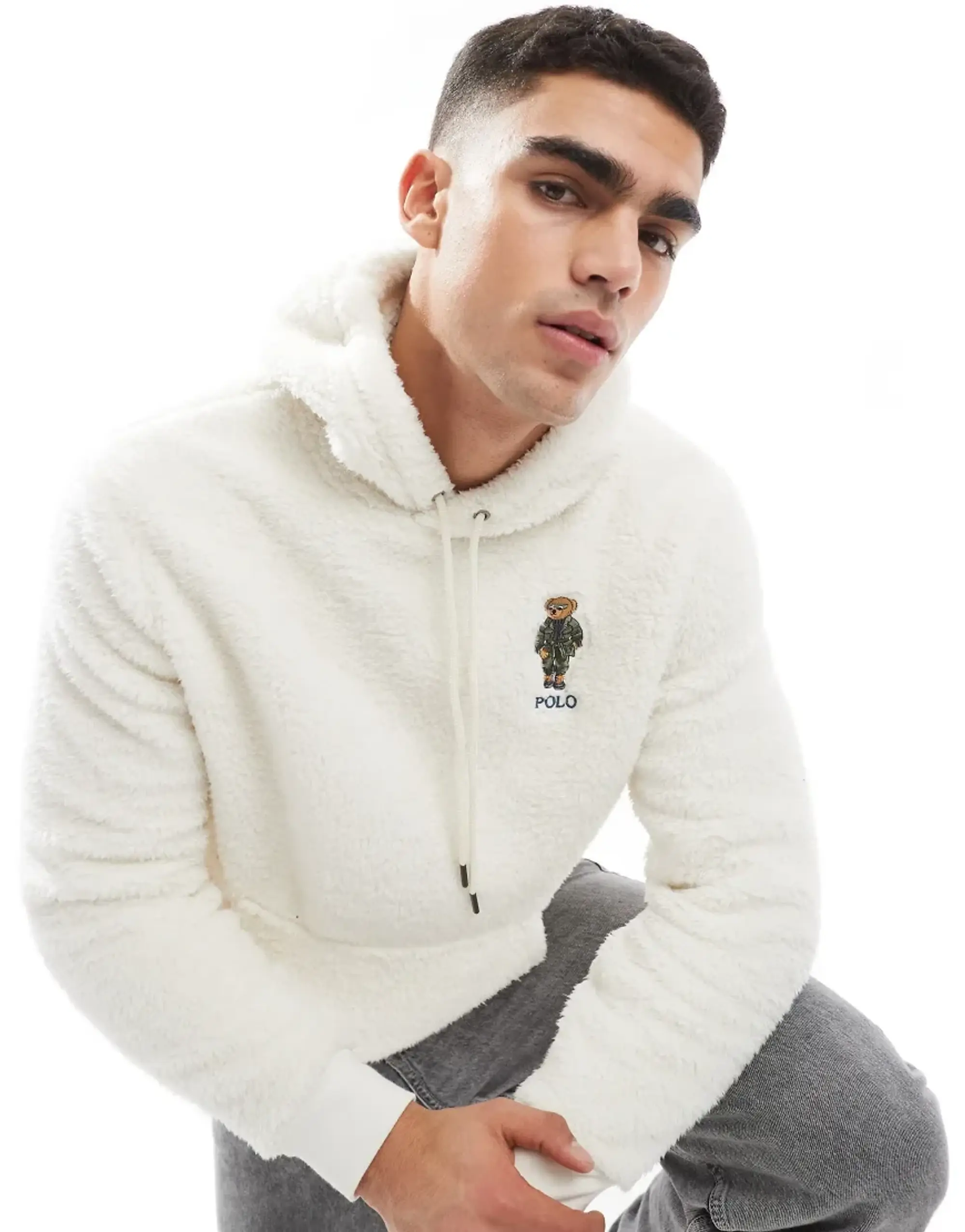 Polo Ralph Lauren Bear Logo Borg Hoodie In Cream-White