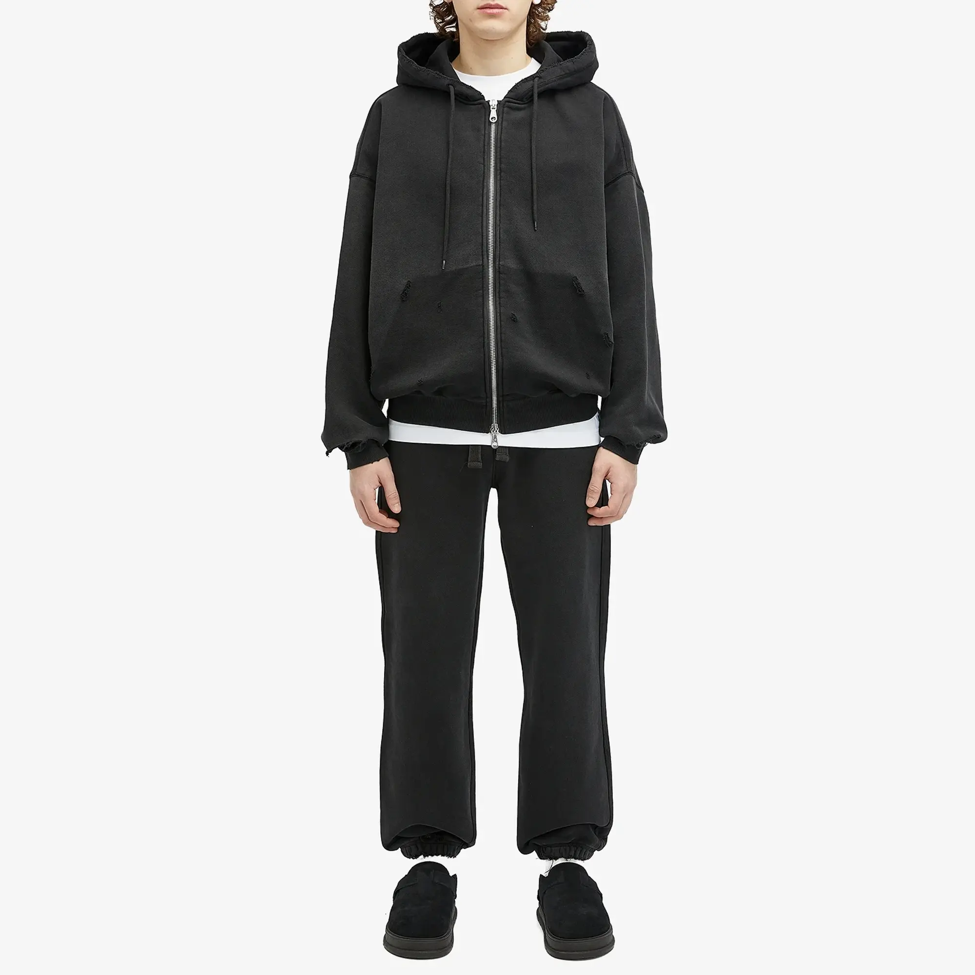 Cole Buxton Men's Distressed Removed Pocket Zip Hoodie Washed Black