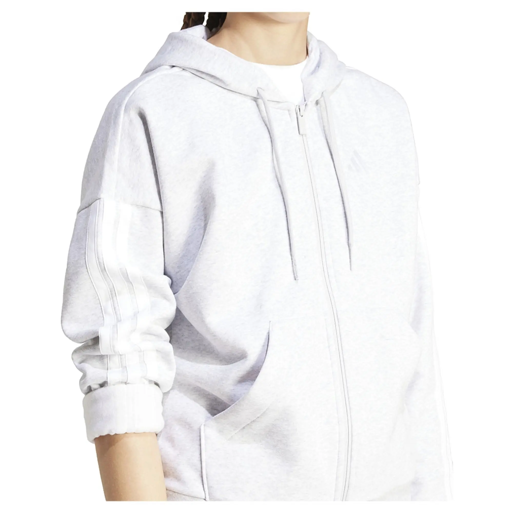adidas Women's Essentials 3 Stripes Full Zip Fleece Hoodie, Grey Heather/White
