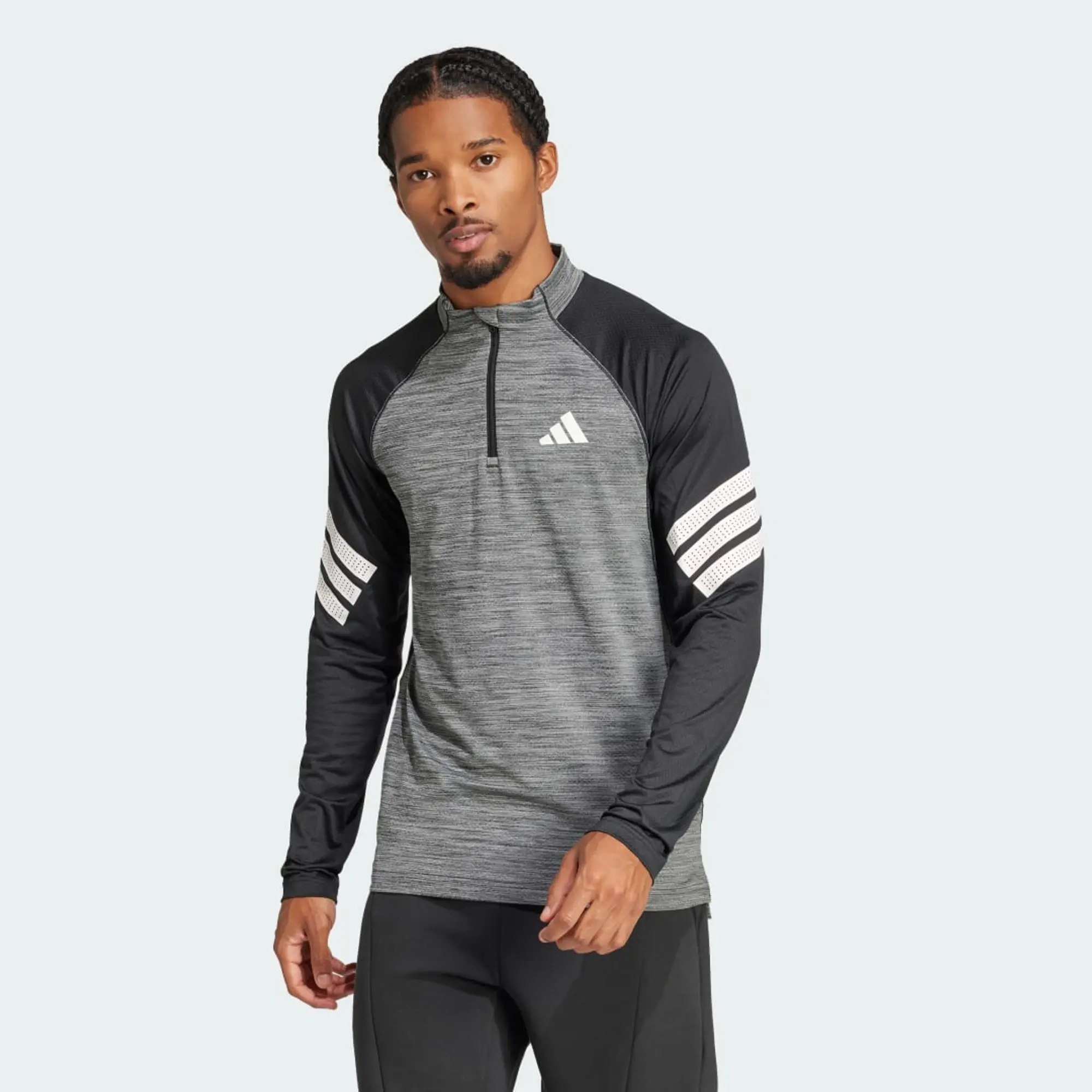 Adidas Performance Icon 3-Stripes 1/4-Zip Tee In Black Melange / White