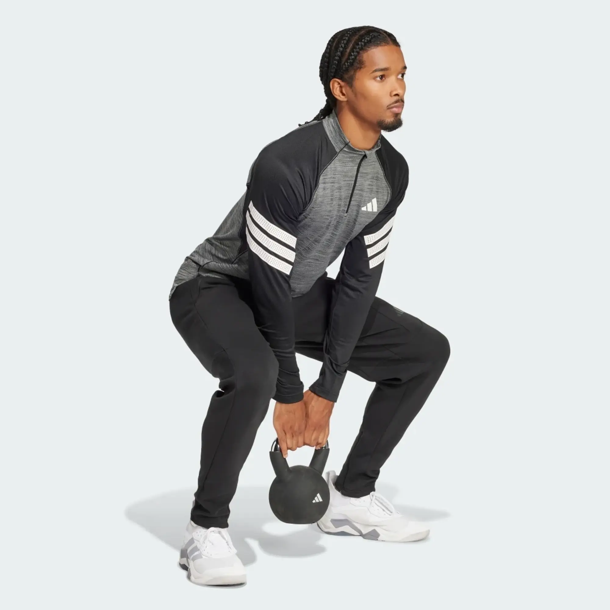Adidas Performance Icon 3-Stripes 1/4-Zip Tee In Black Melange / White