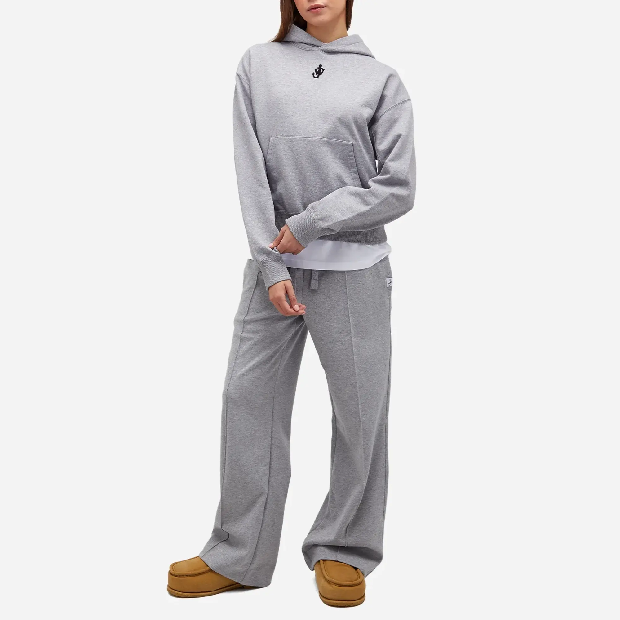 JW Anderson Women's Anchor Embroidery Cropped Hoodie Grey Melange