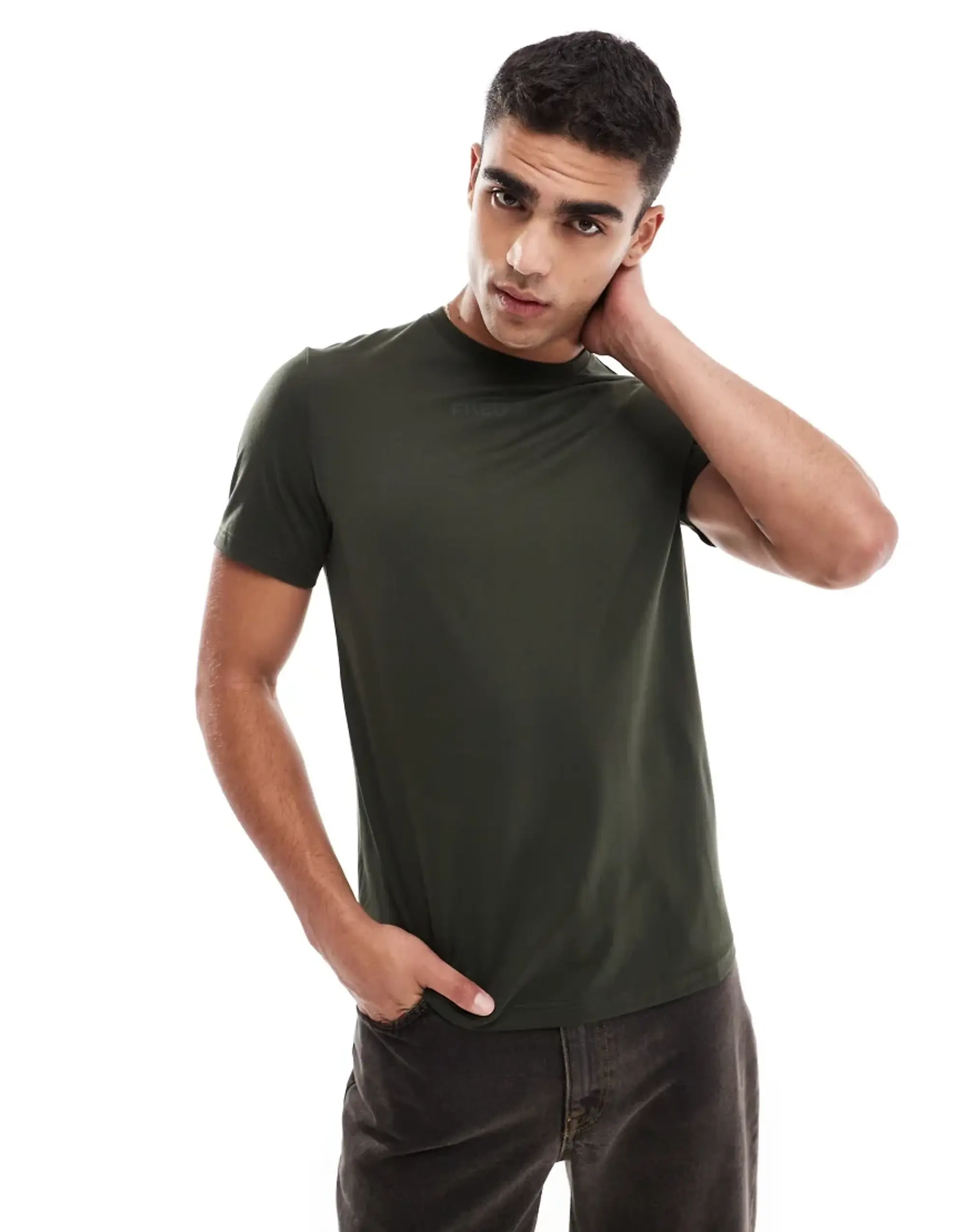 Fred Perry T-Shirt In Khaki With Double Logo Print-Green