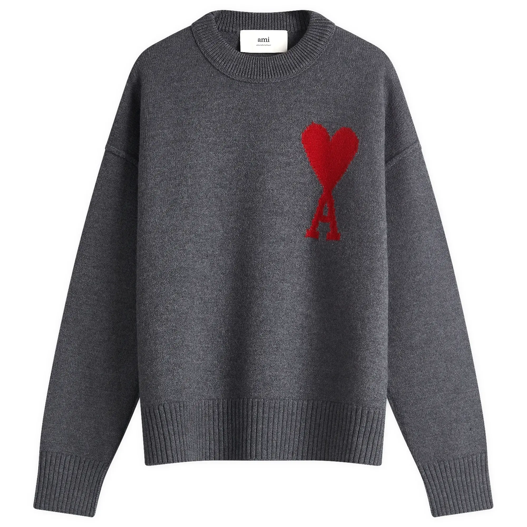 AMI Paris Men's Large A Heart Crew Knit Heather Grey/Red
