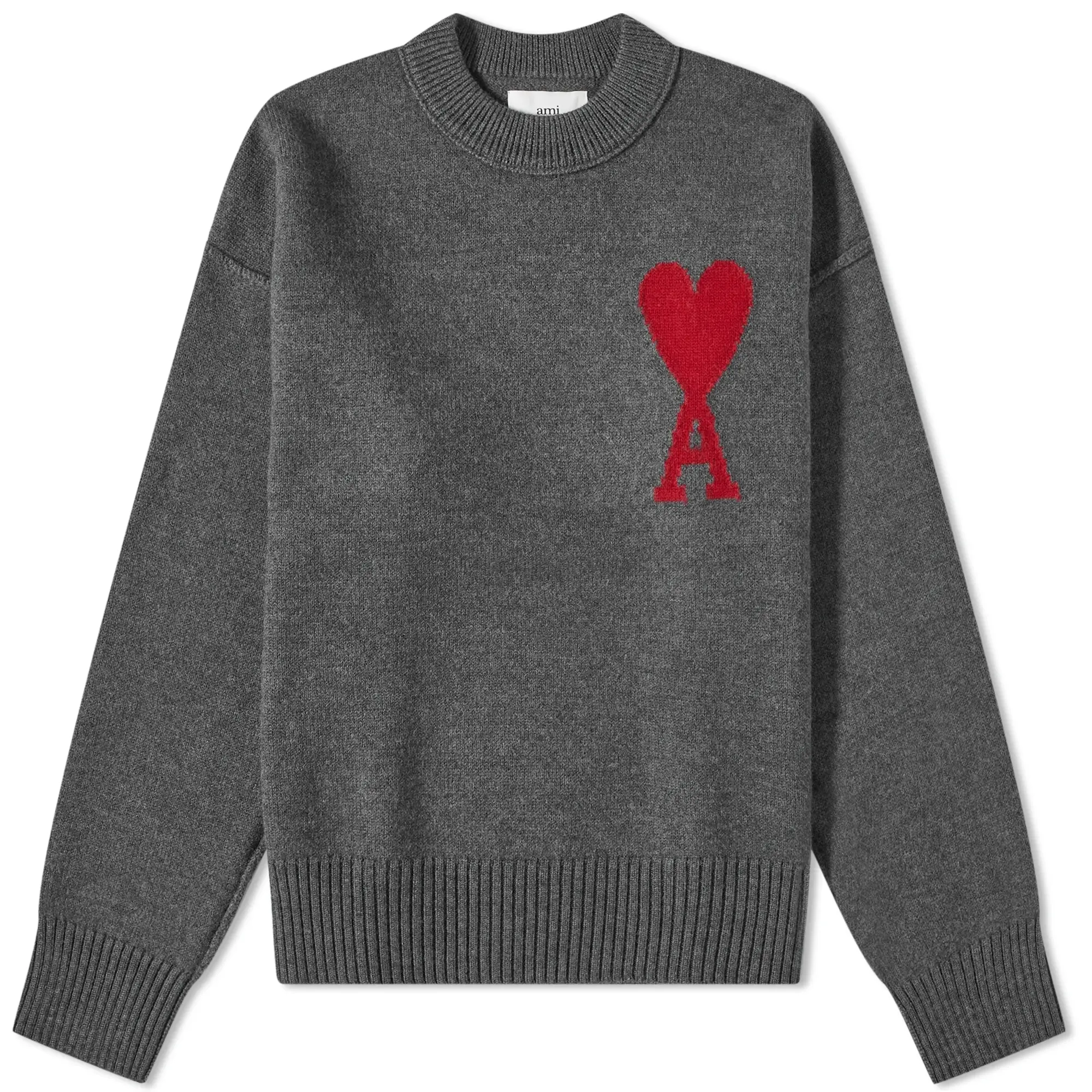 AMI Paris Men's Large A Heart Crew Knit Heather Grey/Red