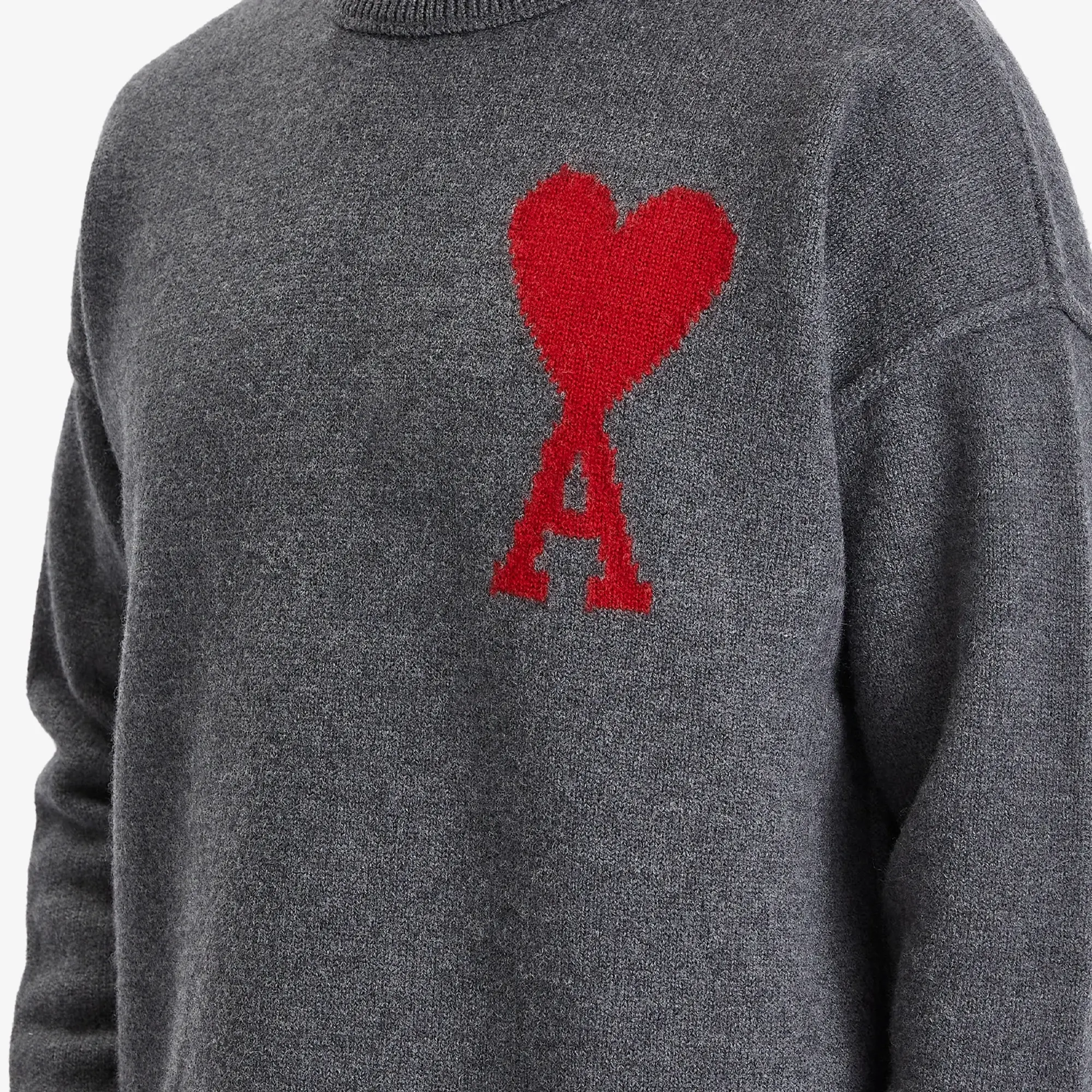 AMI Paris Men's Large A Heart Crew Knit Heather Grey/Red