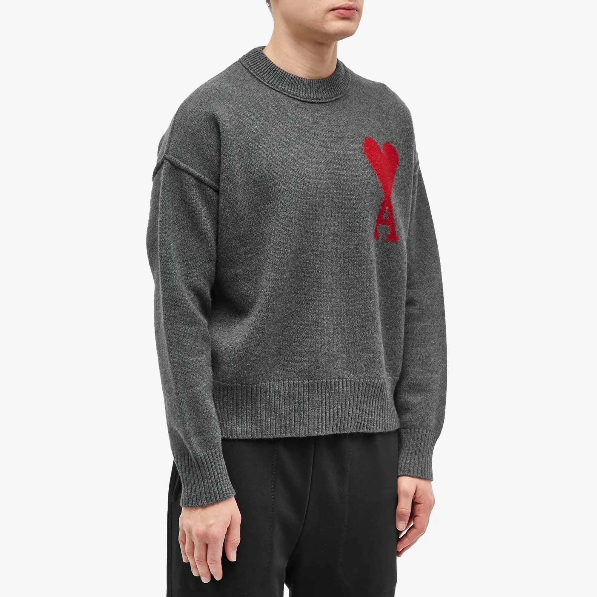 AMI Paris Men's Large A Heart Crew Knit Heather Grey/Red