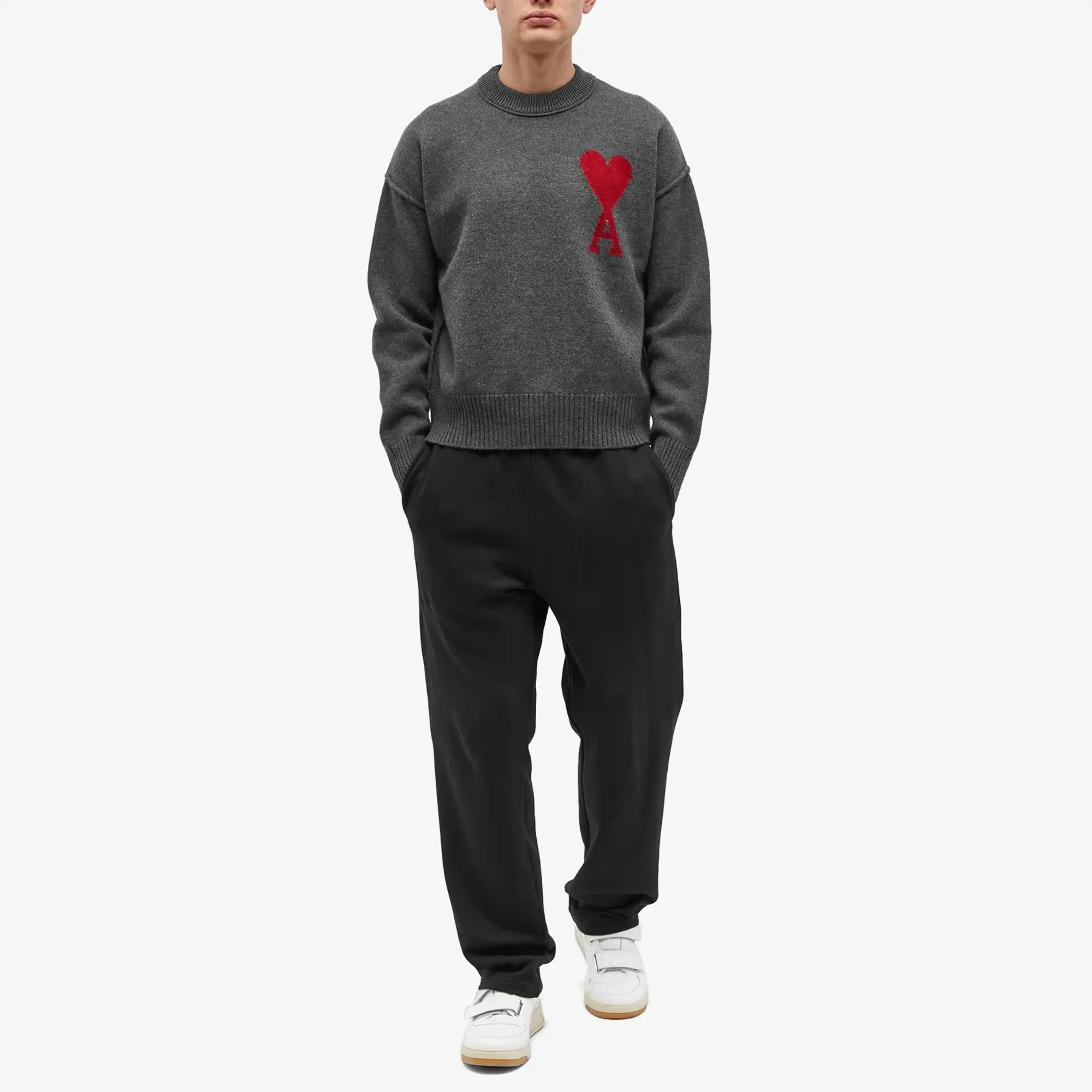 AMI Paris Men's Large A Heart Crew Knit Heather Grey/Red