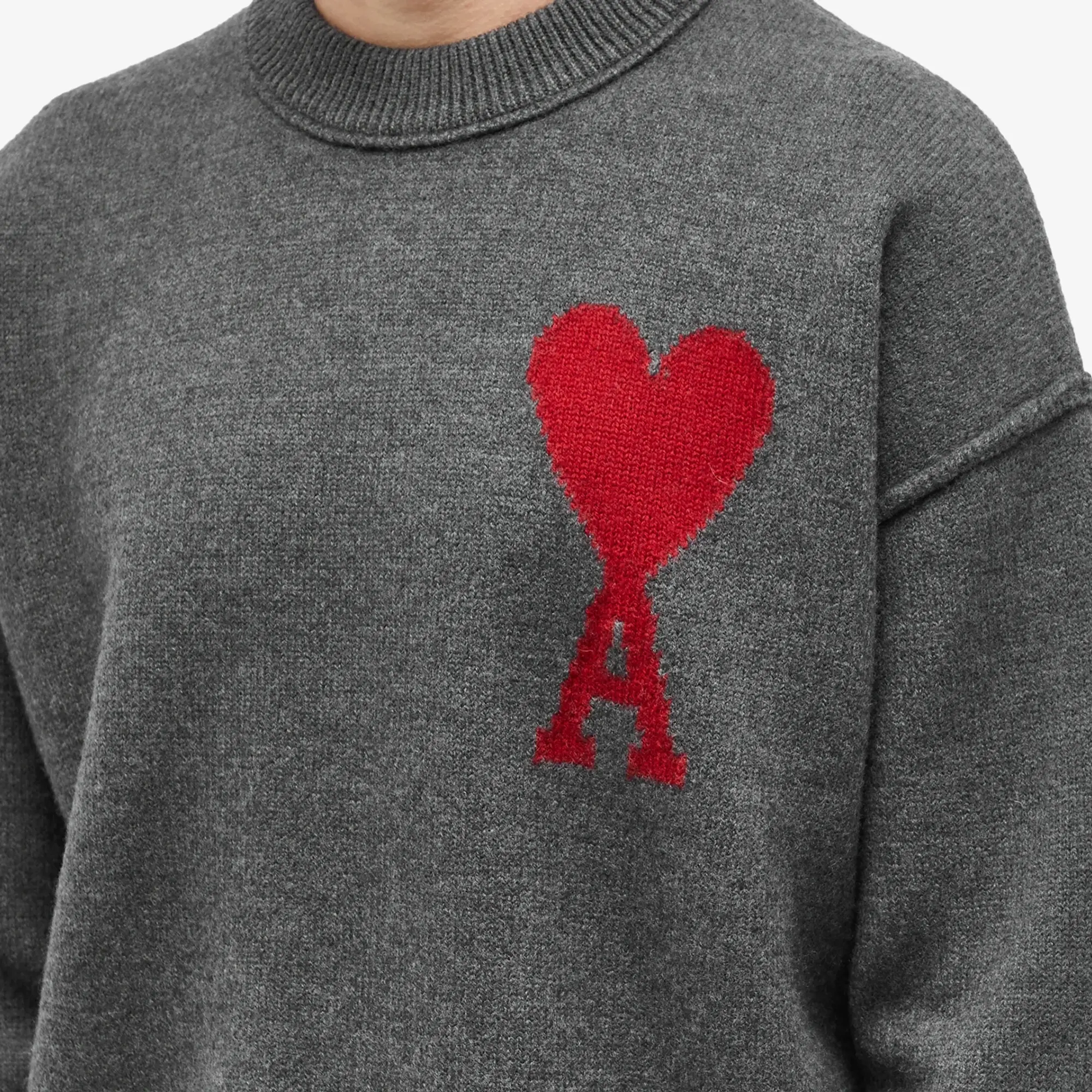 AMI Paris Men's Large A Heart Crew Knit Heather Grey/Red