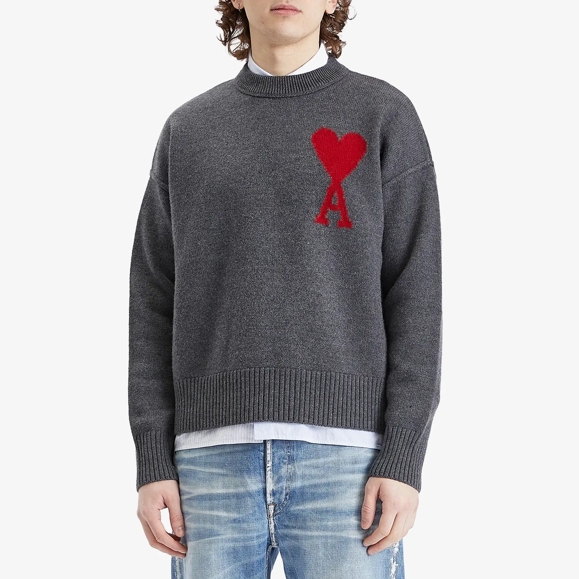 AMI Paris Men's Large A Heart Crew Knit Heather Grey/Red