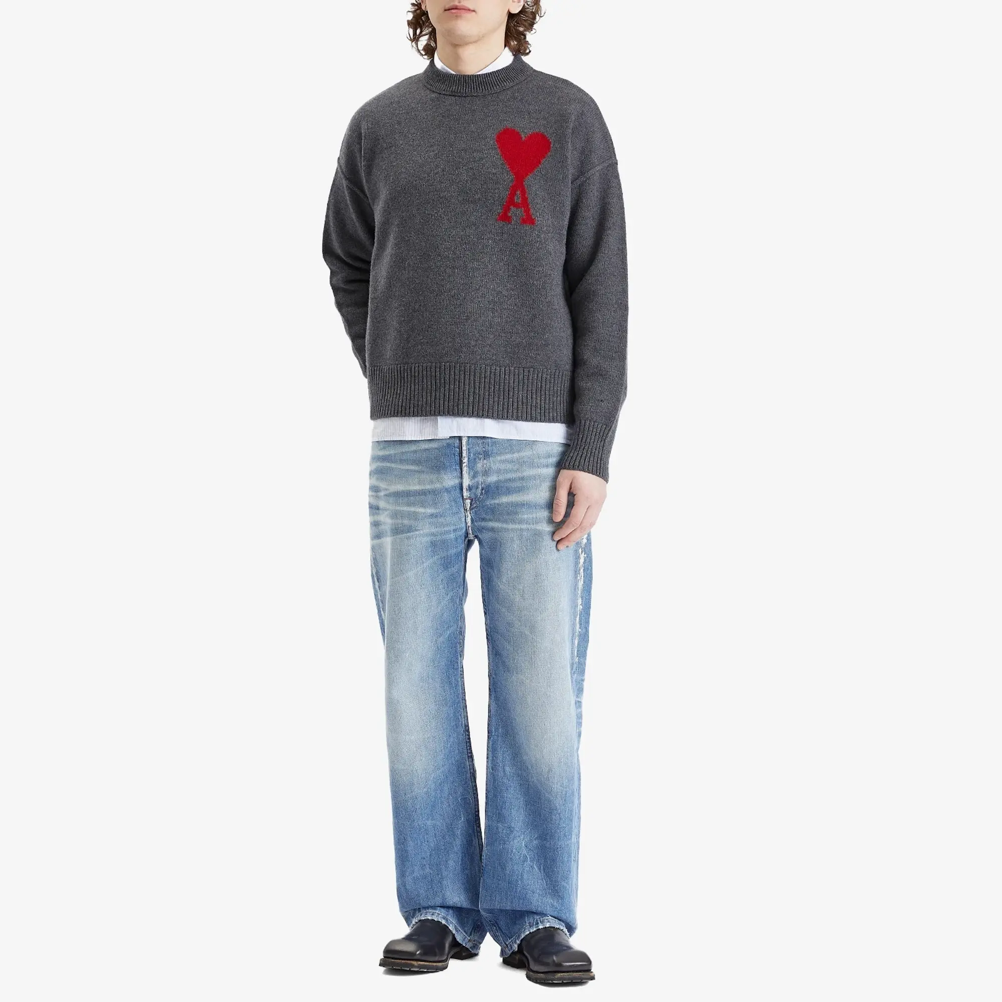 AMI Paris Men's Large A Heart Crew Knit Heather Grey/Red