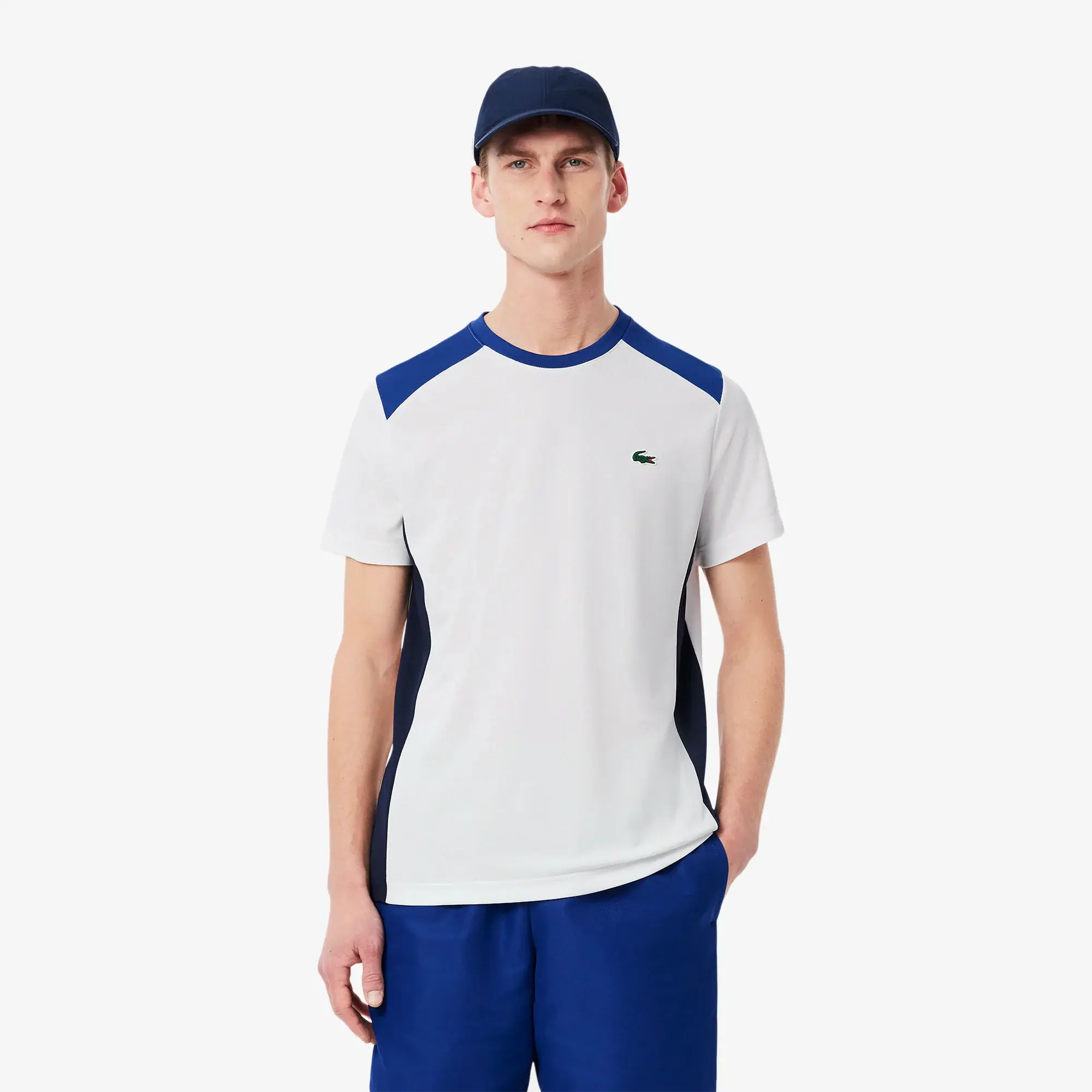 Lacoste XL Print Colour-Block Sport T-shirt - White / Navy Blue / Blue