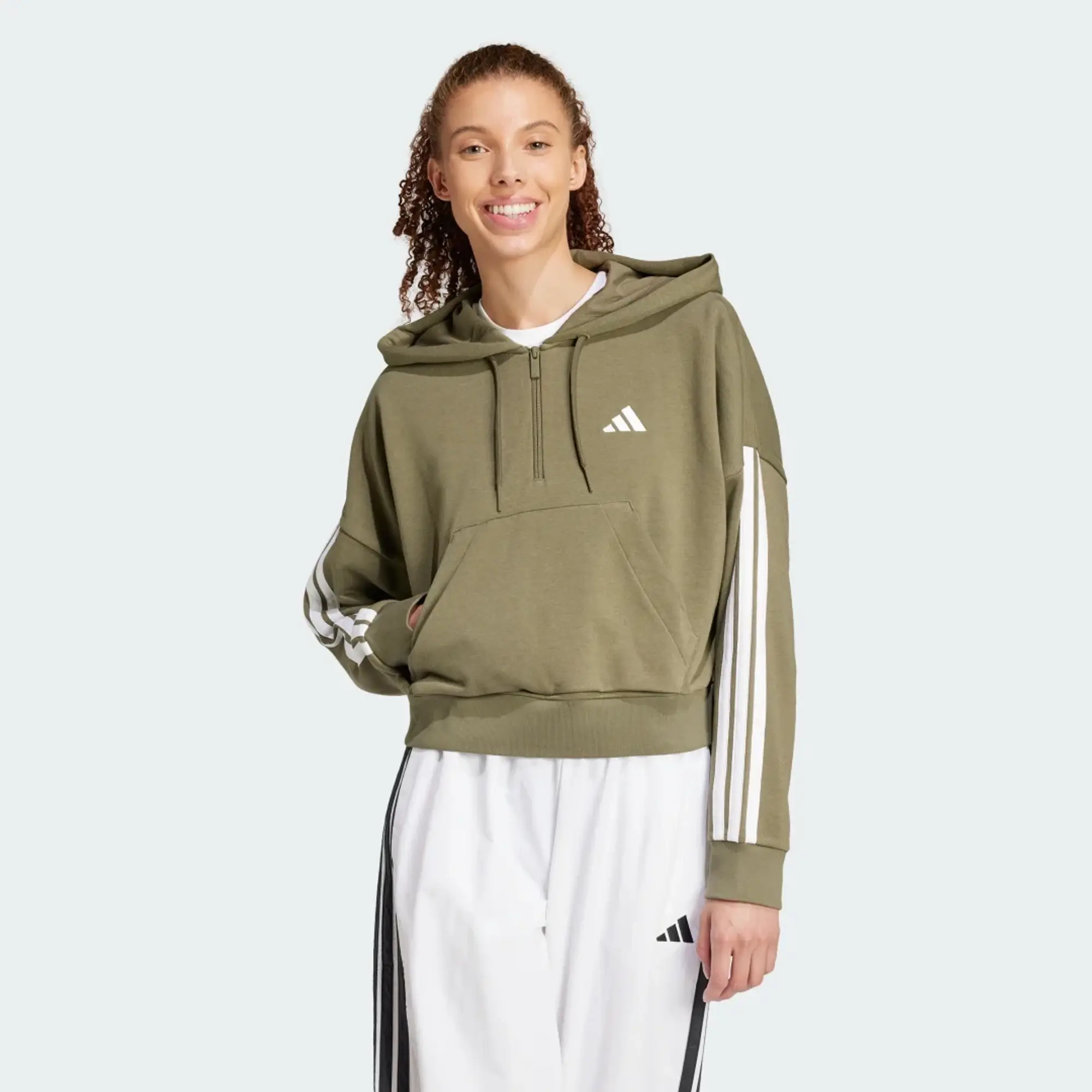 Adidas Performance Essentials 3-Stripes French Terry Quarter-Zip Hoodie In Green