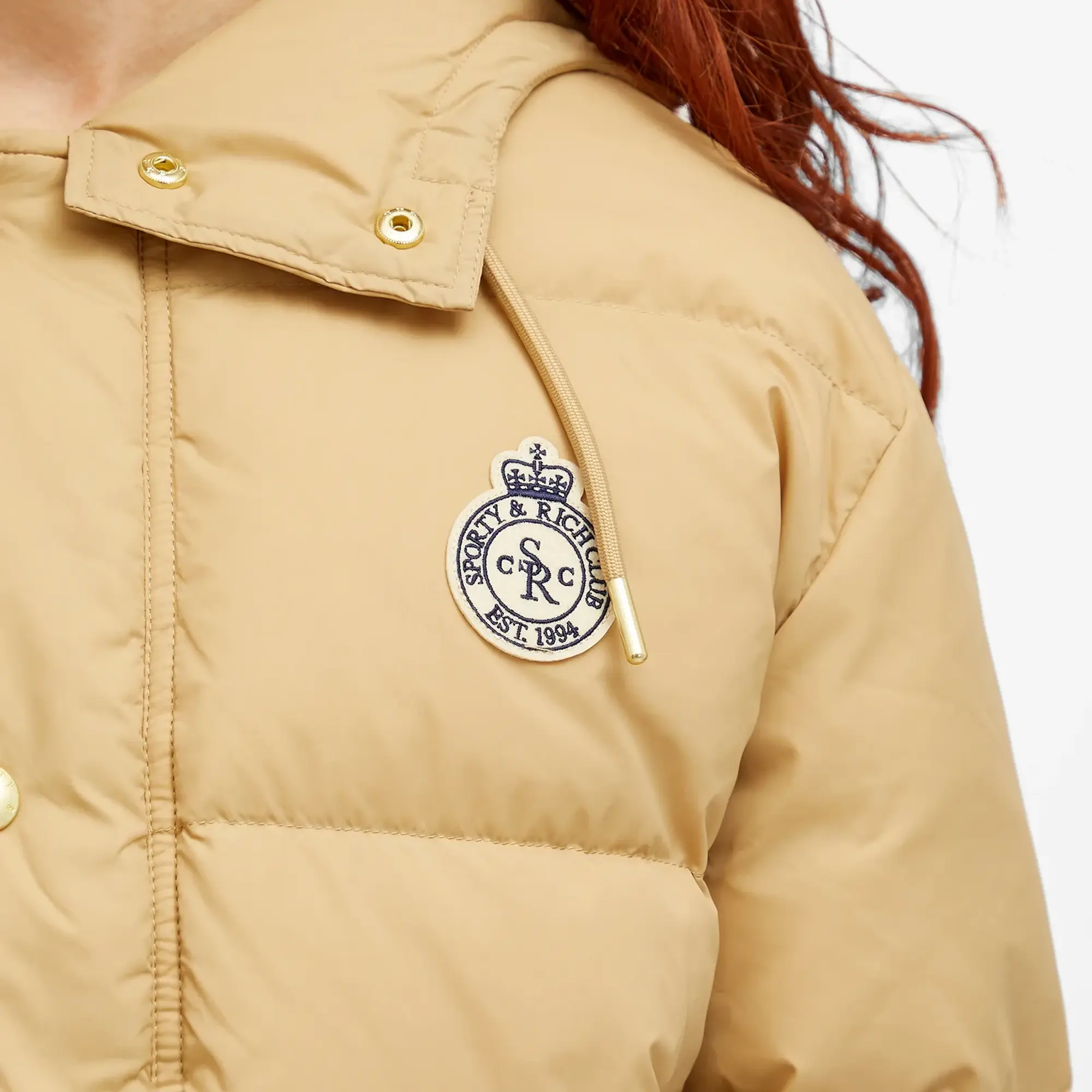 Sporty & Rich Women's Crown Logo Hooded Puffer Jacket Beige