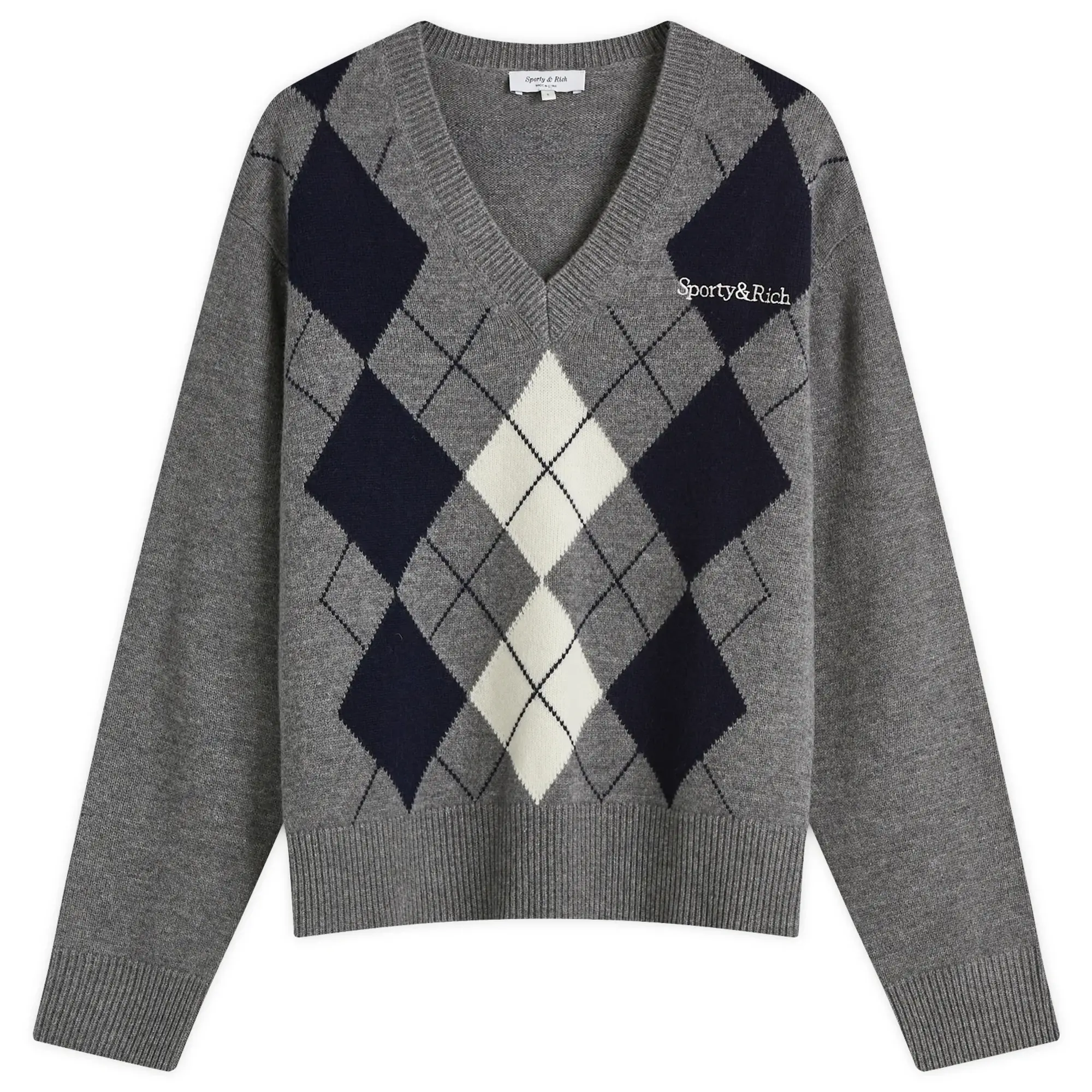 Sporty & Rich Women's Serif Logo Argyle Sweater Heather Gray