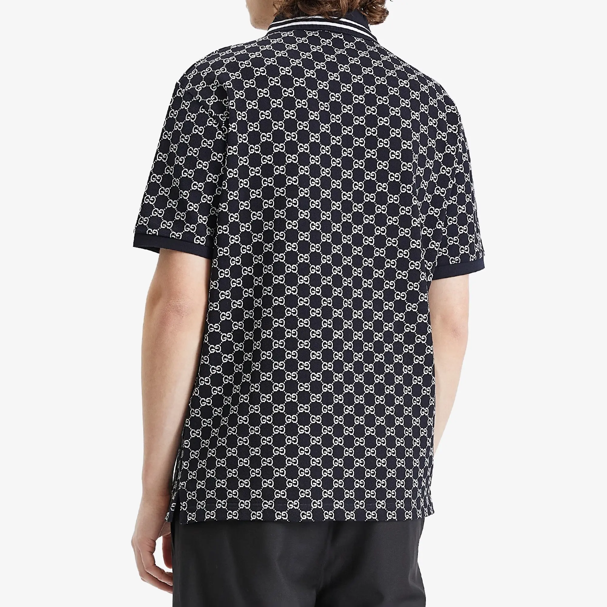 Gucci Men's GG Jacquard Cotton Piquet Polo Shirt Navy/White