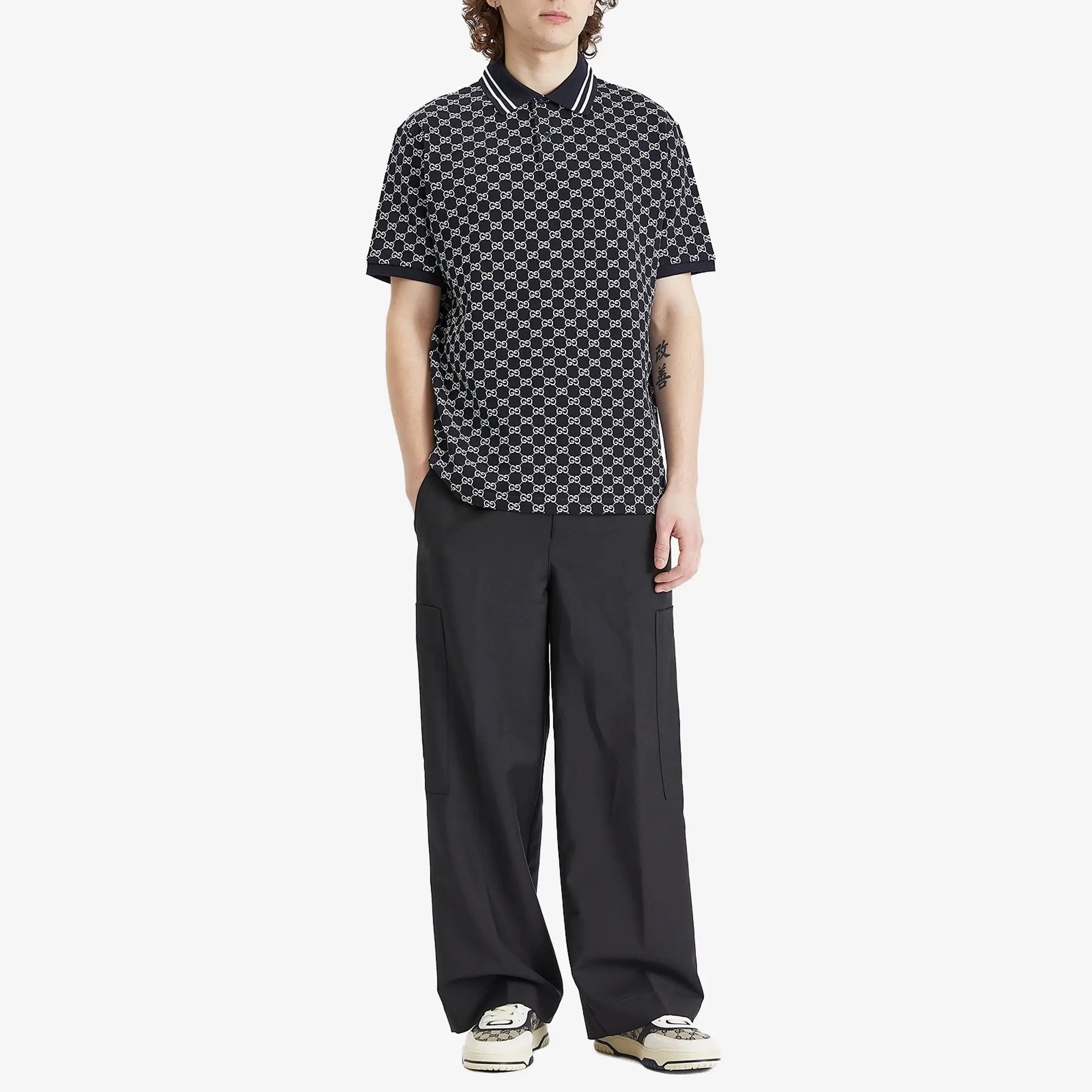 Gucci Men's GG Jacquard Cotton Piquet Polo Shirt Navy/White