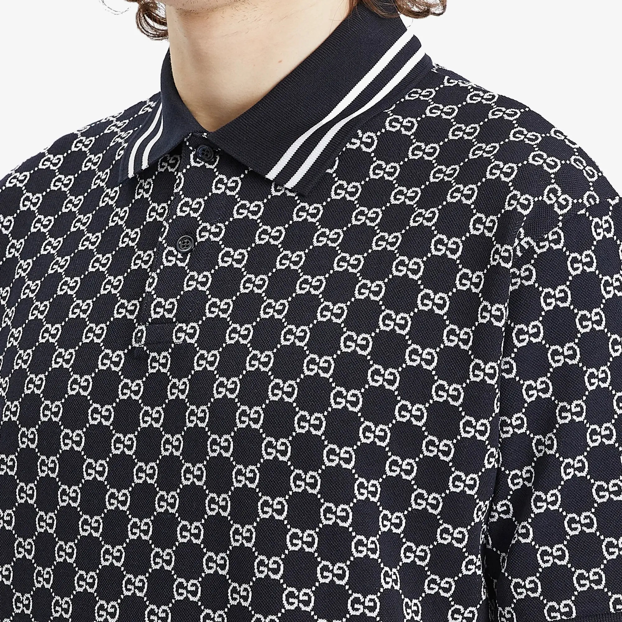 Gucci Men's GG Jacquard Cotton Piquet Polo Shirt Navy/White