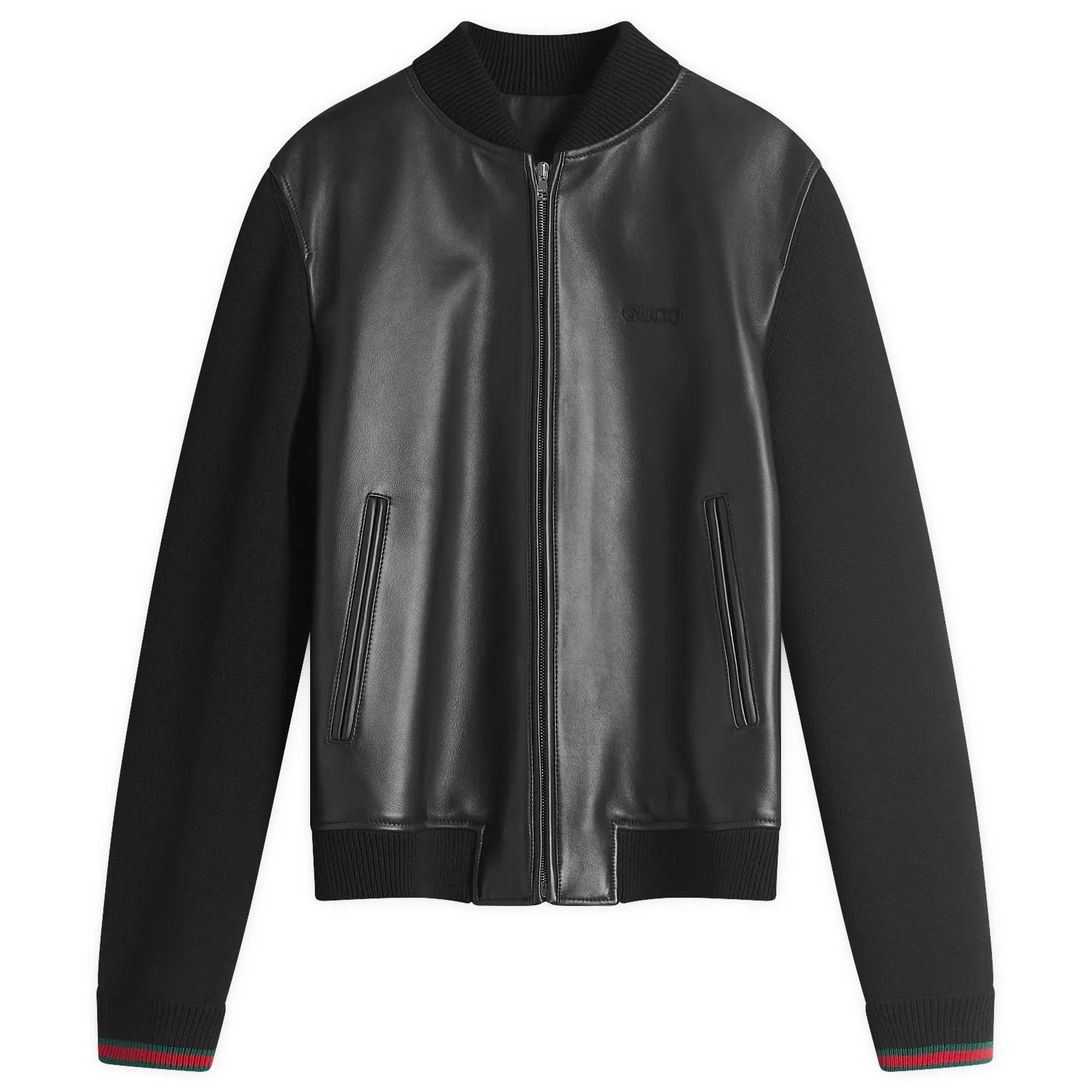 Gucci Men's Nappa Leather Bomber Jacket Black/Green/Red