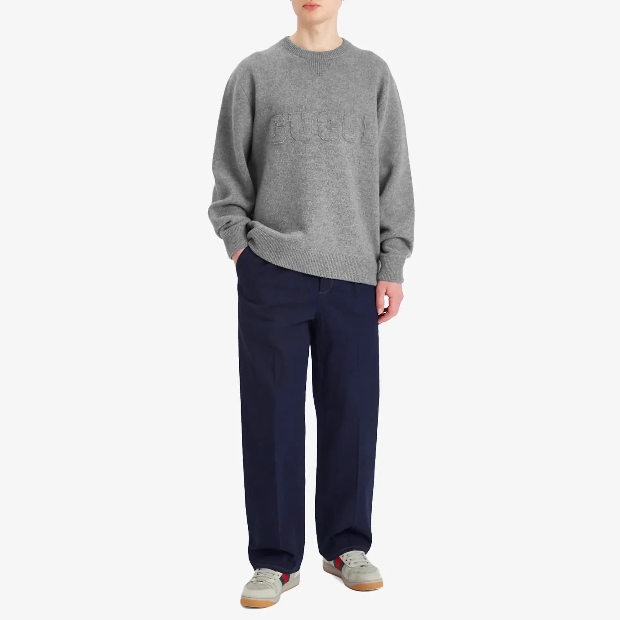 Gucci Men's Logo Embossed Wool Crew Neck Knit Medium Grey