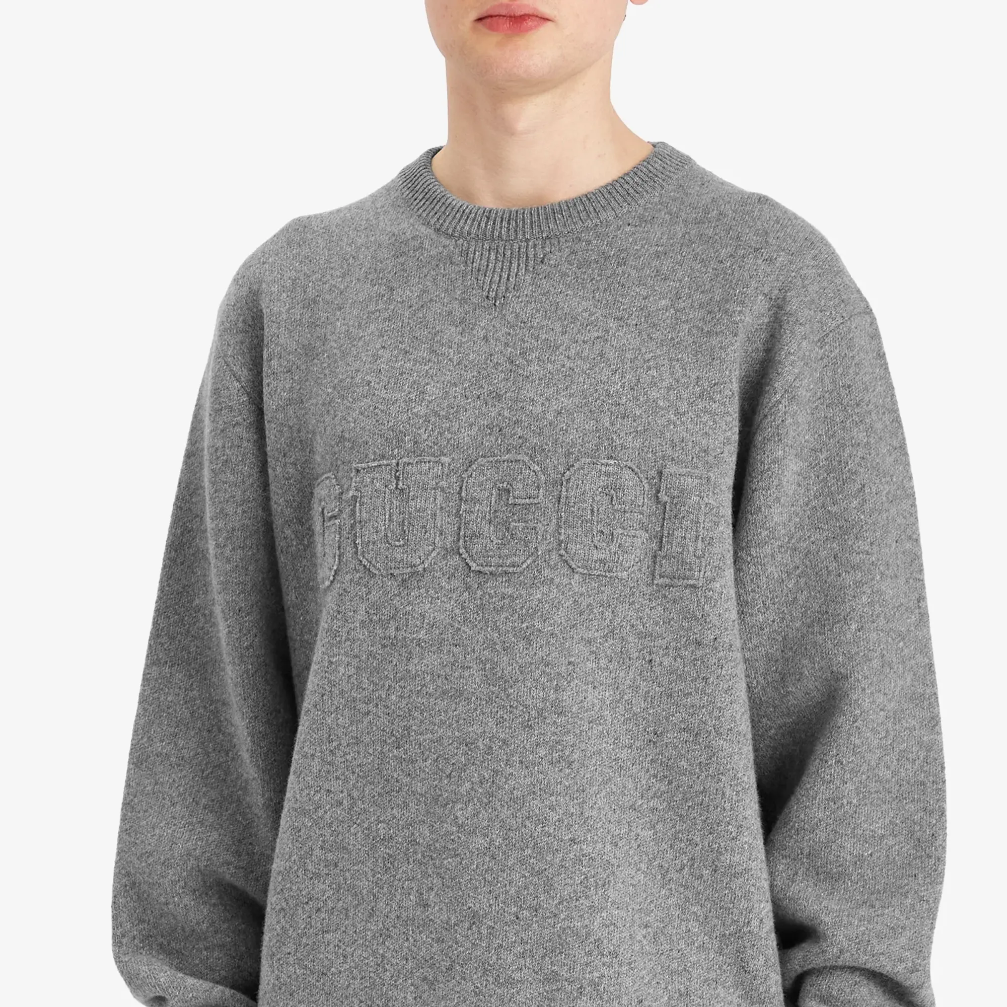 Gucci Men's Logo Embossed Wool Crew Neck Knit Medium Grey