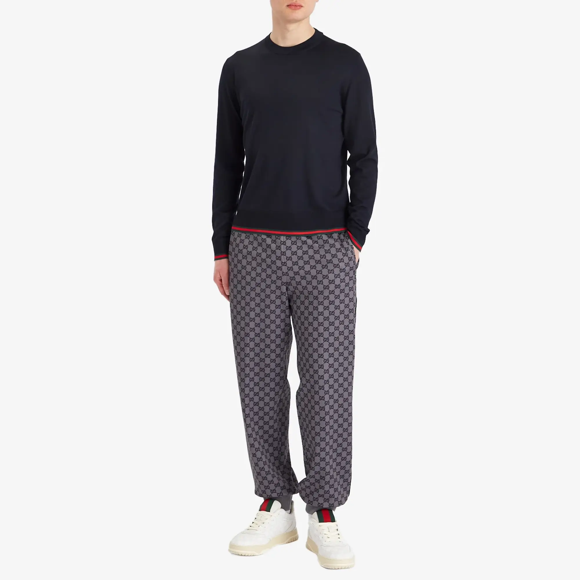 Gucci Men's Fine Gauge Wool Crew Neck Knit Ink/Green/Red