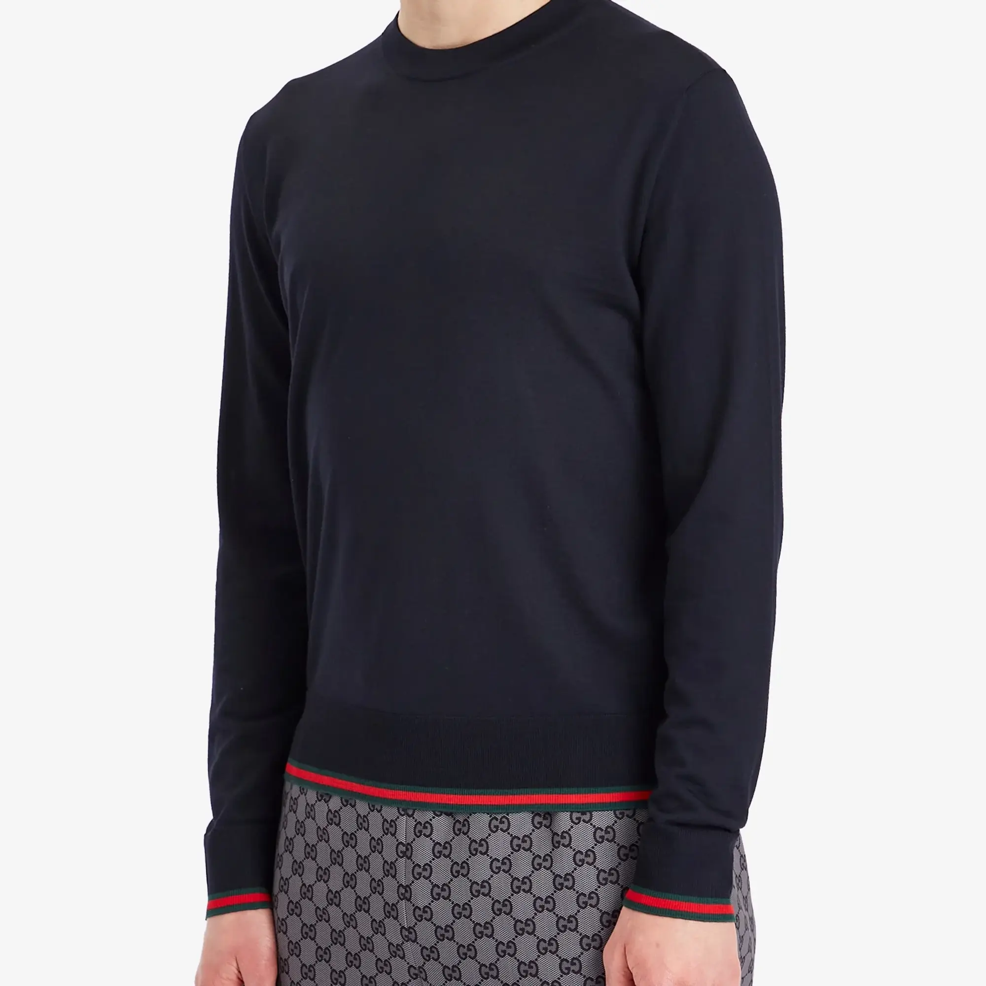 Gucci Men's Fine Gauge Wool Crew Neck Knit Ink/Green/Red