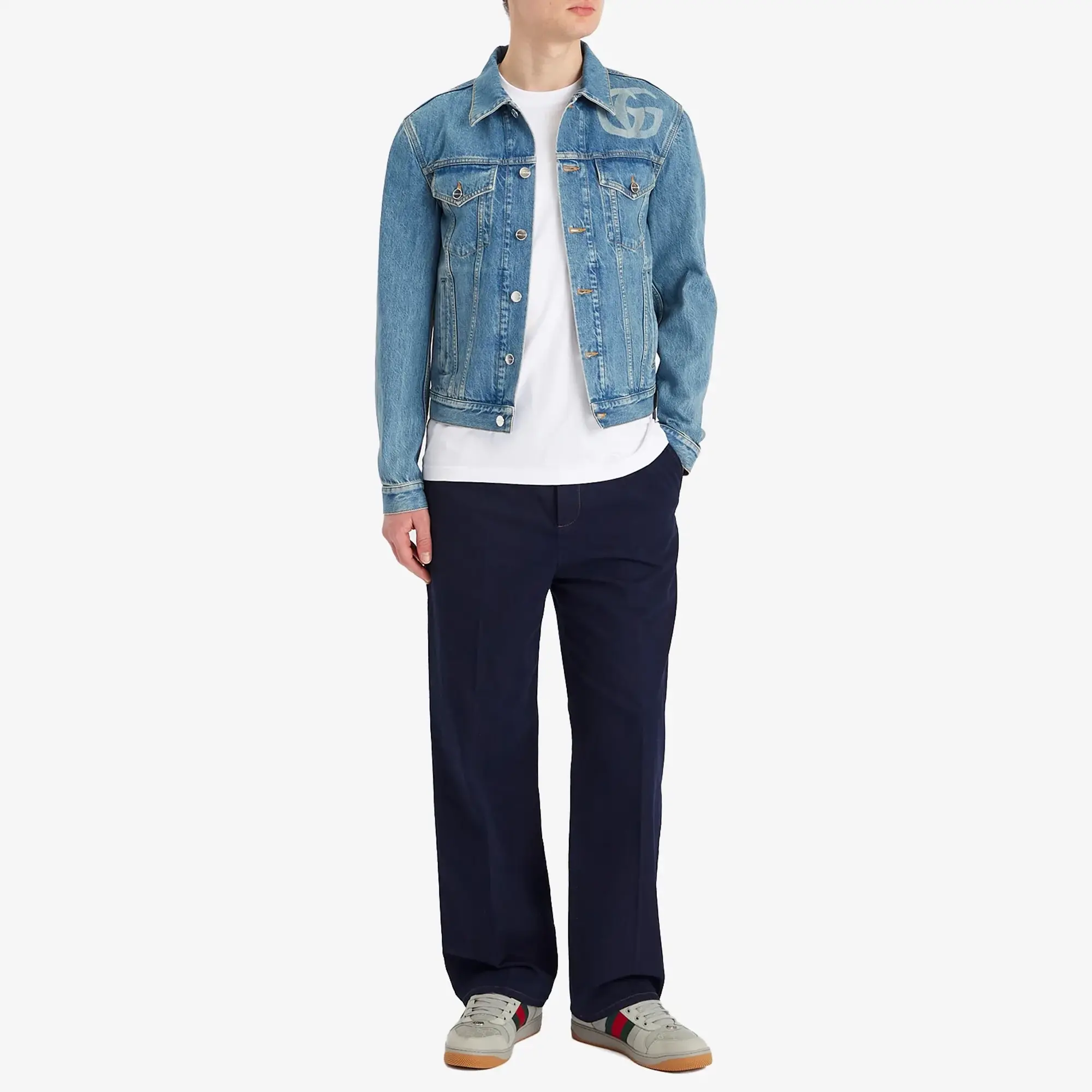 Gucci Men's Mid Blue Wash Denim Trucker Jacket Blue/Ivory