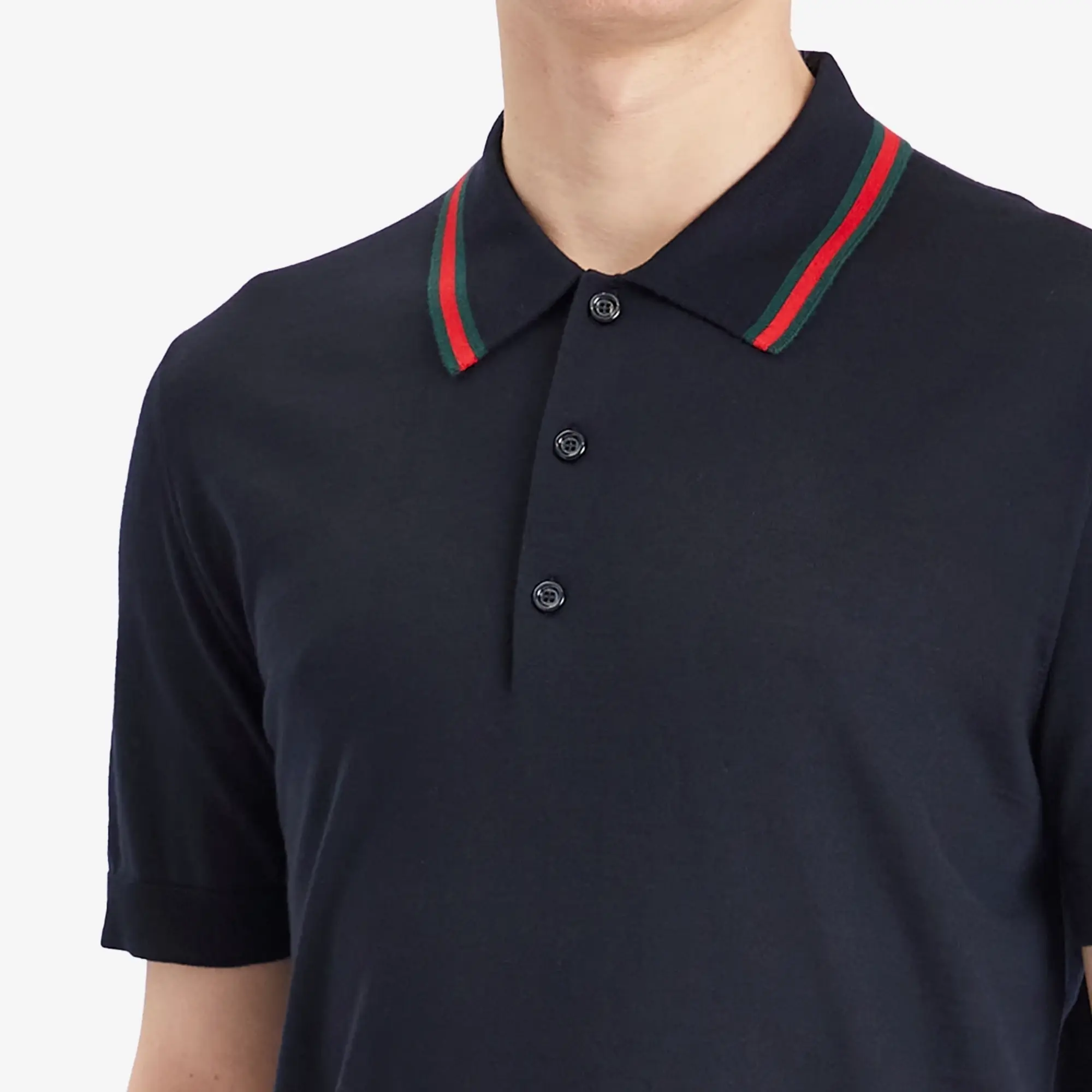 Gucci Men's Fine Gauge Wool Short Sleeve Polo Shirt Ink/Green/Red