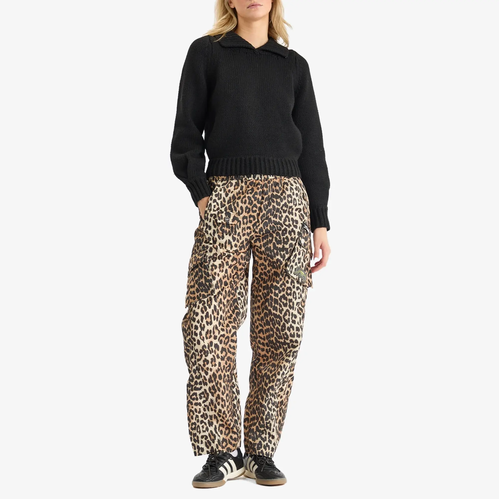 GANNI Women's Duchesse Nylon Cargo Pants Leopard