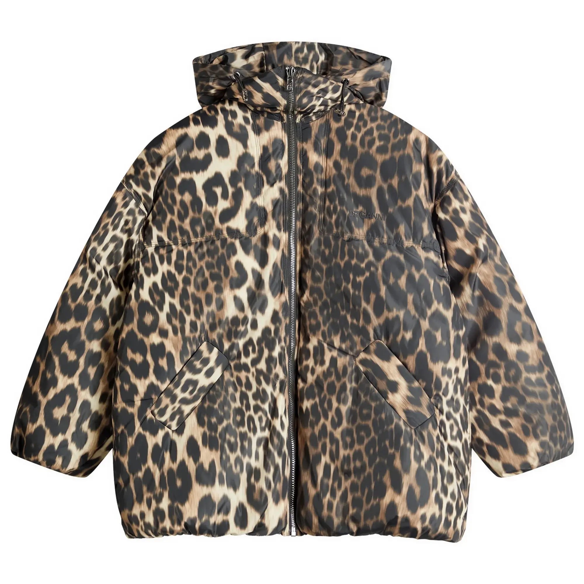 GANNI Women's Leopard Puffer Jacket Almond Milk