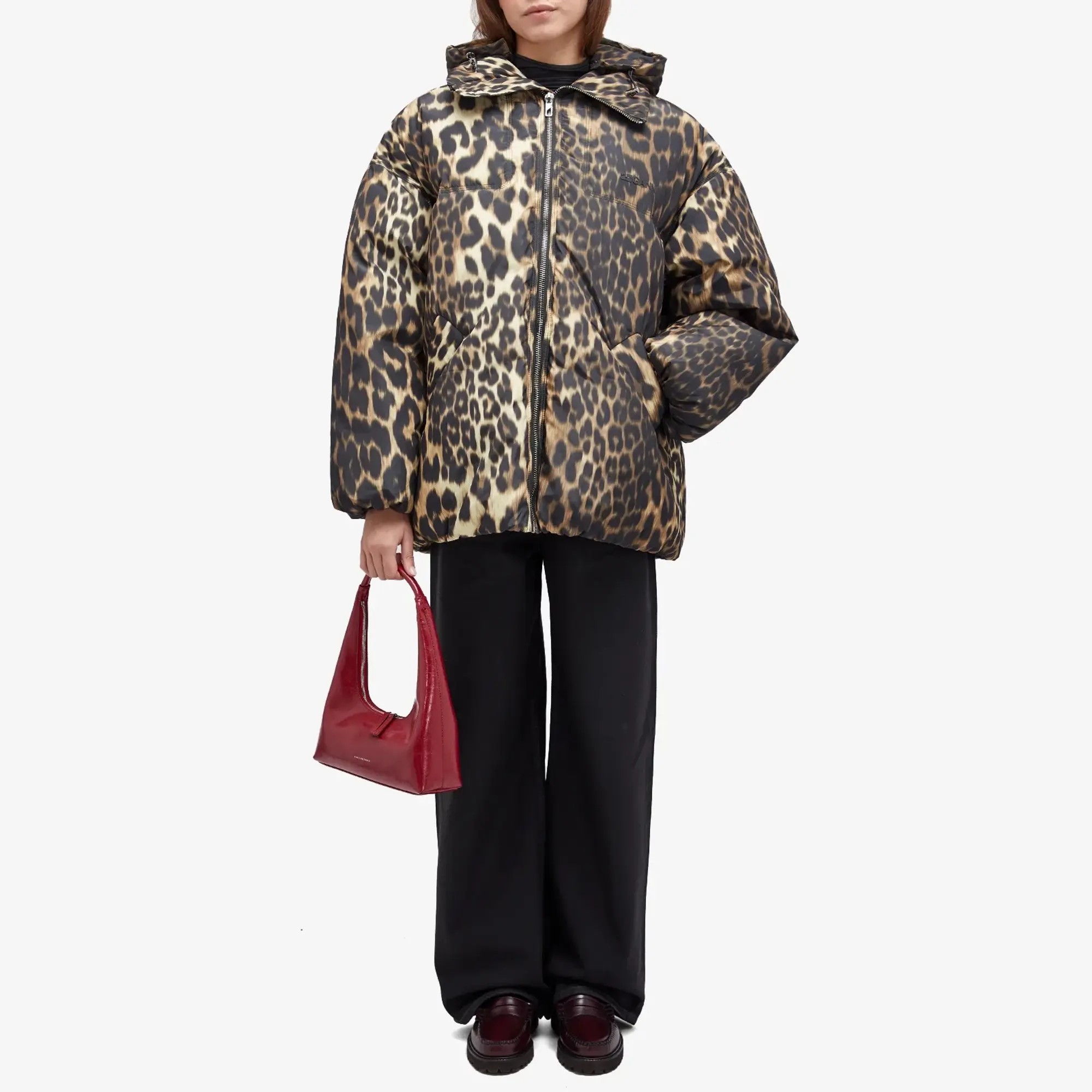 GANNI Women's Leopard Puffer Jacket Almond Milk