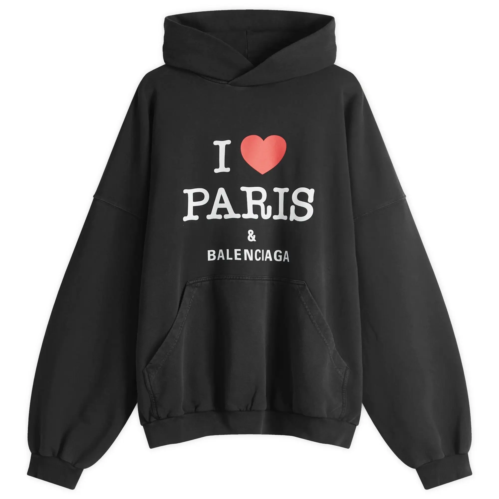 Balenciaga Men's I Heart Paris Logo Large Fit Hoodie Faded Washed Black