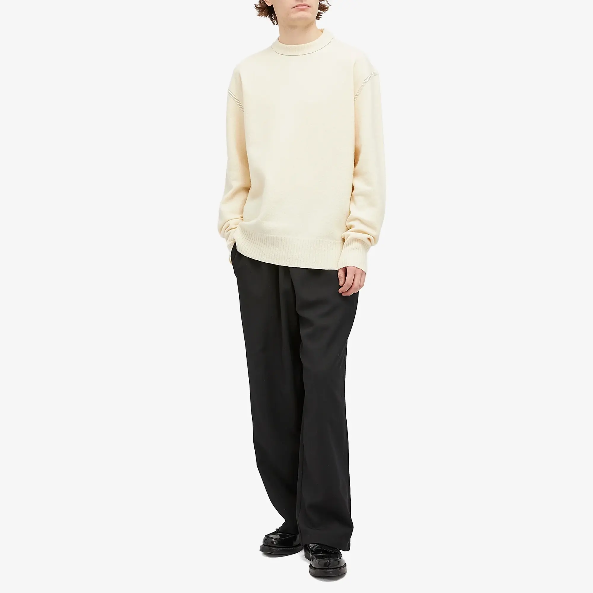 Jil Sander Men's Contrast Stitch Merino Wool Crew Knit Cornsilk
