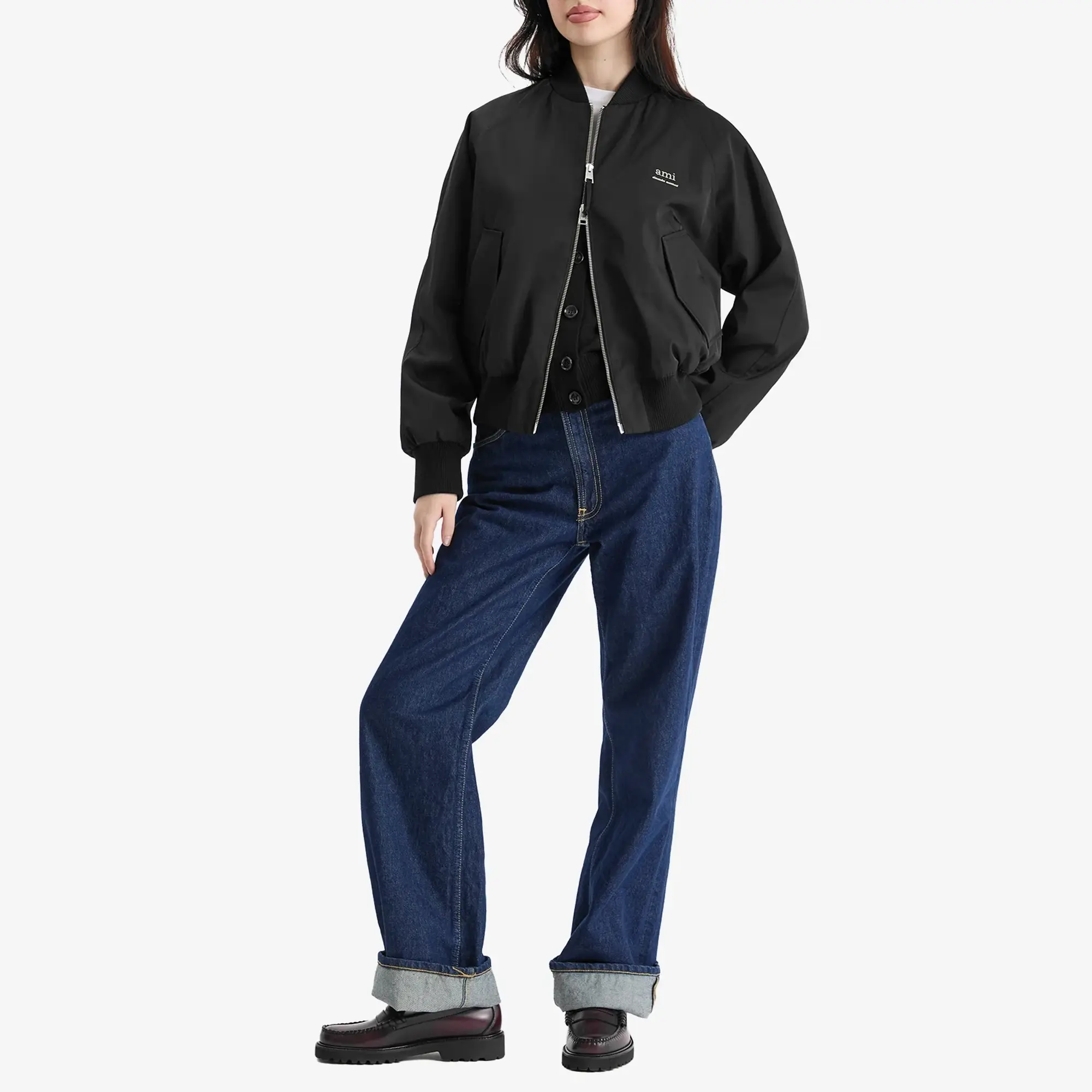 AMI Paris Women's Logo Bomber Wool Gabardine Black