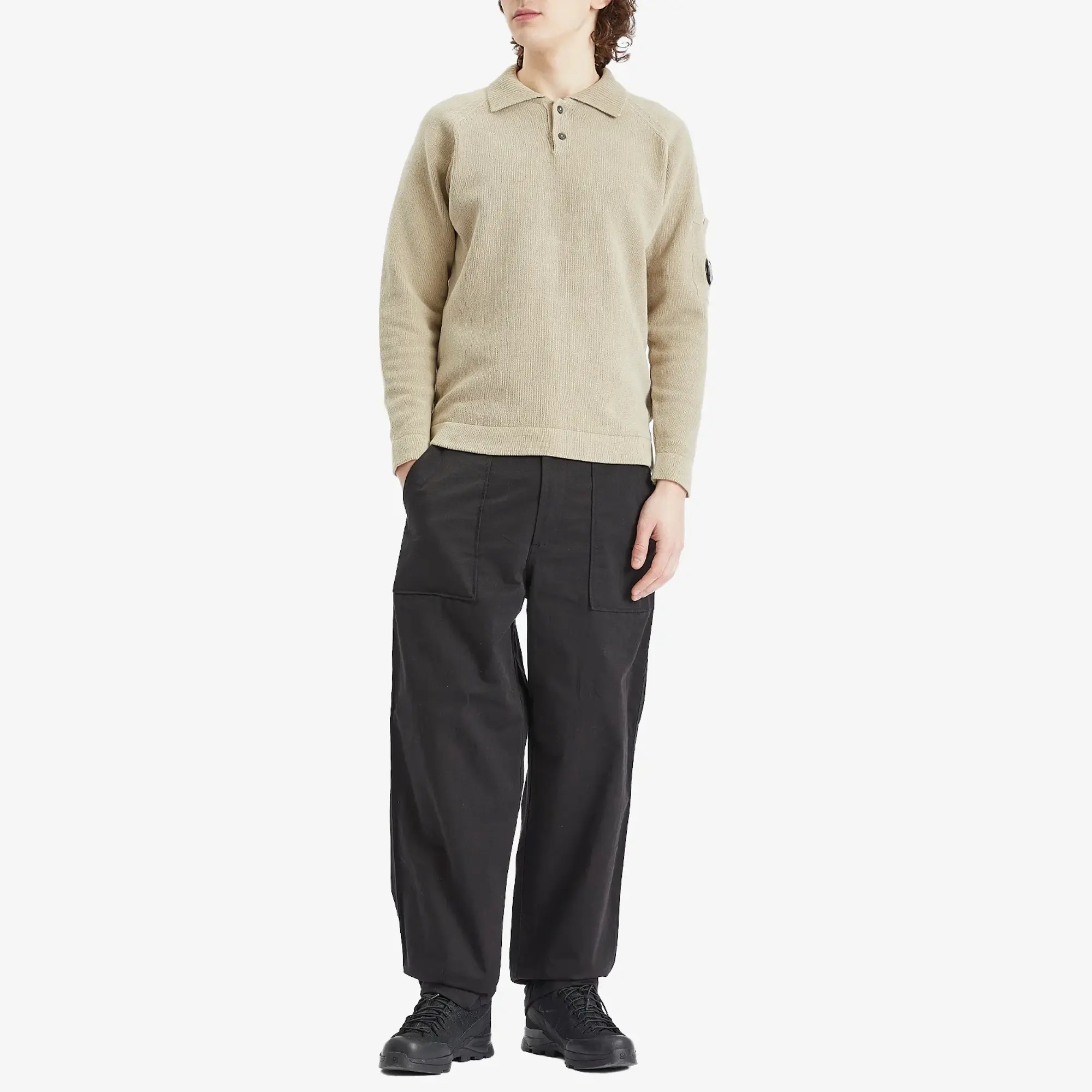 C.P. Company Men's Chenille Cotton Lens Knit Polo Smoked Pearl