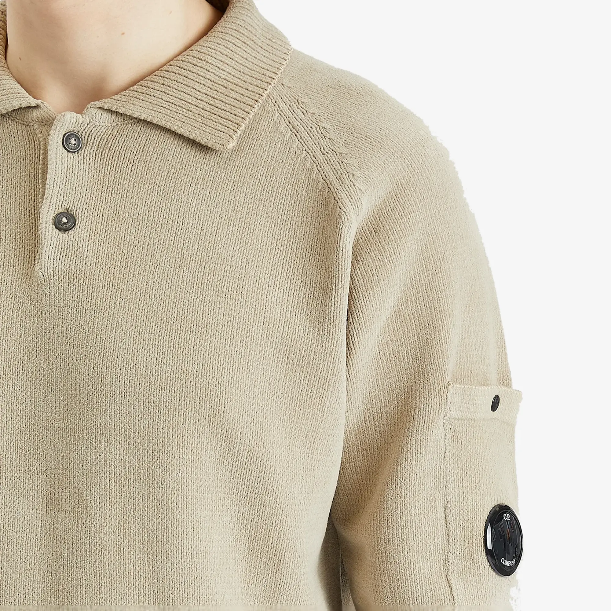 C.P. Company Men's Chenille Cotton Lens Knit Polo Smoked Pearl