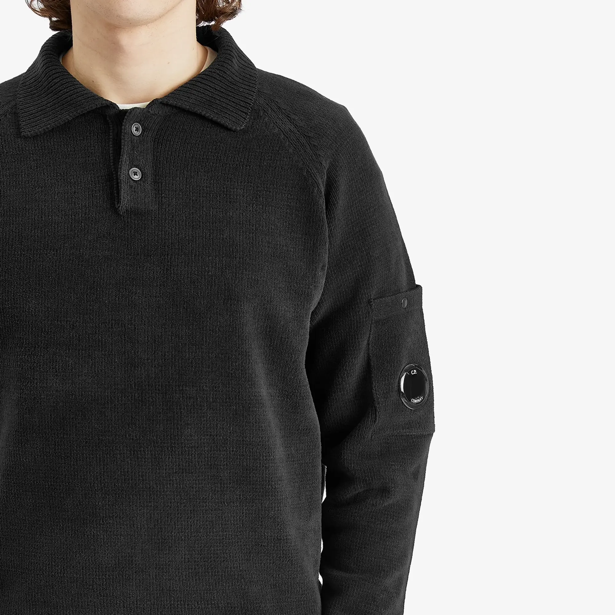 C.P. Company Men's Chenille Cotton Lens Knit Polo Black