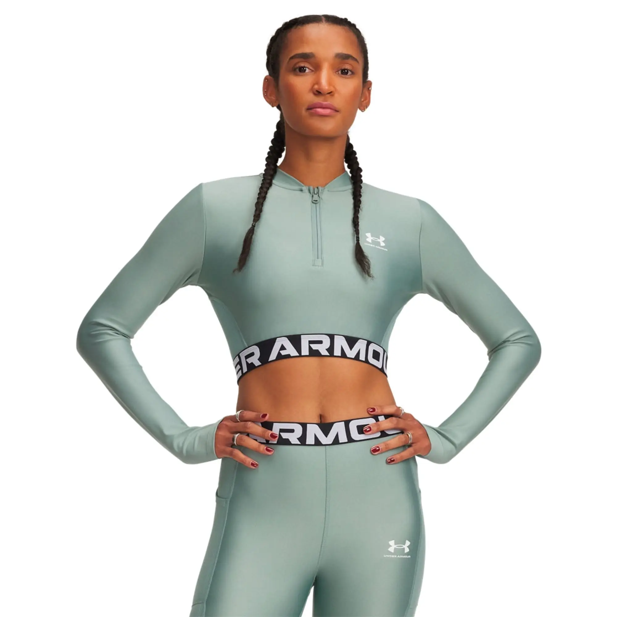 Under Armour Women's HeatGear® Rib ¼ Zip Long Sleeve Silica Green / Silica Green / White XS